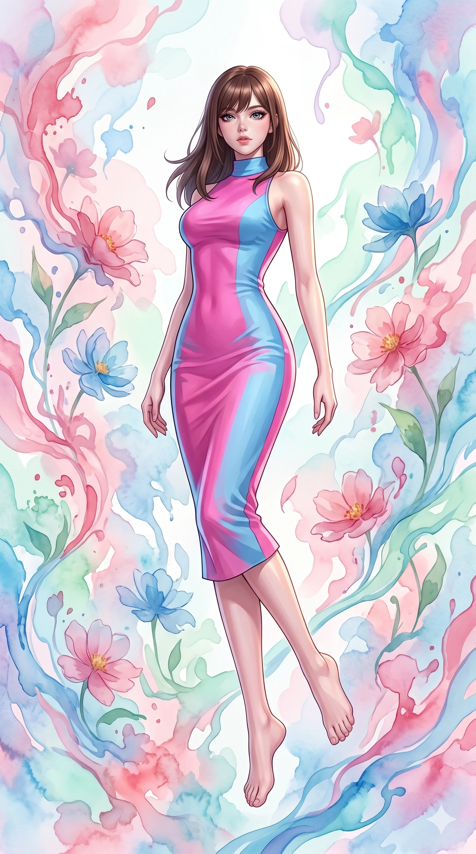 score_9, masterpiece, best quality, ultra-detailed, high-budget anime keyframe, editorial fashion photography, tasteful artistic composition, Korean woman. low angle full-body shot from head to toe showing her feet, filling the entire 9:16 vertical frame with her statuesque presence, stretching her vertical silhouette. floating with ethereal lightness within a dreamlike garden where watercolor paint flows in real-time through the air, flowers dissolving into liquid pigment strokes that drift and bloom in pastel washes of rose, cerulean, and mint. She has a statuesque 8.5-heads proportion, an exceptionally tall, slender and willowy model-like build with impossibly long legs and a highly sculpted ultra-slim waist. sharp v-shaped jawline, high-bridge nose, intricate jewel-like eyes with depth, thick eyelashes, glossy lips with a natural sheen. wearing a high-neck bodycon midi dress in a vibrant dual-tone of fuchsia and sky blue, sculpting her slender dancer frame with modern simplicity. soft glowing ambient light with sharp side key light tracing the sleek contours of her figure. 2k, ultra detail, master piece, 9:16 ratio