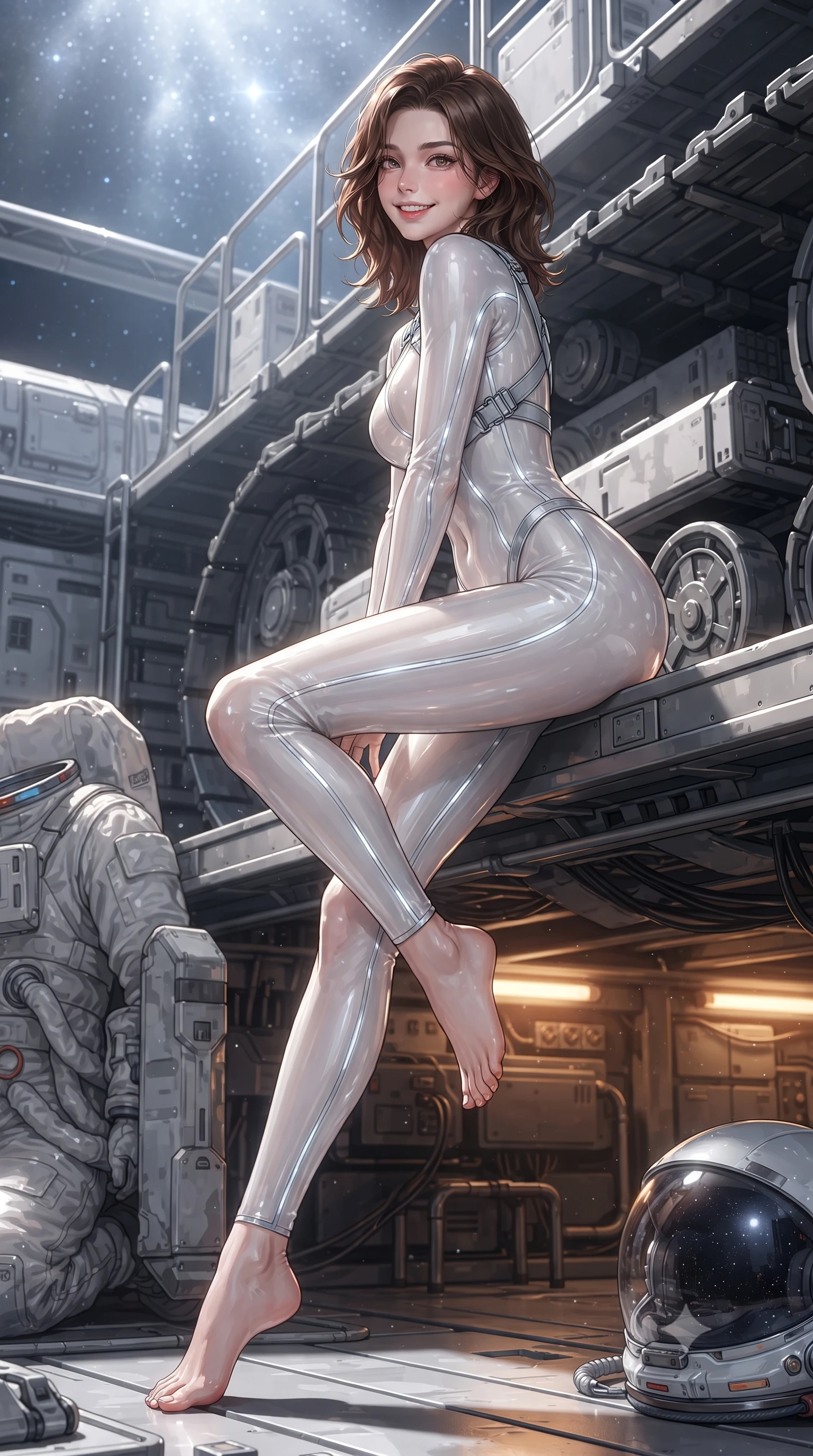 score_9, masterpiece, best quality, ultra-detailed, high-budget anime keyframe, editorial fashion photography, tasteful artistic composition, Korean woman. low angle full-body shot from head to toe showing her feet, filling the entire 9:16 vertical frame with her statuesque presence, stretching her vertical silhouette. sitting perched on the elevated maintenance gantry edge with legs crossed and hips angled toward the camera, displaying her toned midriff and long slender limbs with joyful, coquettish charm while leaning against the titanium crawler track with hips cocked back, looking over her shoulder with an enchanting, fearless smile. The surrounding environment is rendered in vivid detail and crisp panoramic clarity: detailed spacesuit fabric texture, cosmic highlights on helmet collar, and lunar mining rig architecture in razor-sharp clarity. She has an absolutely perfect, statuesque 8.5-heads proportion, an exceptionally tall and slender model-like female figure with impossibly long slender legs, an ultra-slim waist, a flat toned midriff, narrow delicate ribcage, and beautifully sculpted feminine hips creating a graceful, slim hourglass silhouette without any bulky heaviness. sharp v-shaped jawline, high-bridge nose, intricate jewel-like sparkling eyes with depth, thick eyelashes, glossy parted lips with a natural sheen, bright confident smile with an enchanting and coquettish sensual glint, exuding both youthful magnetic charm and sovereign high-tech allure, flawlessly proportioned anatomical accuracy, strict slender model proportions, natural body alignment, perfectly sculpted long slender limbs, ultra-slim waistline, clean dynamic posture without body distortion. wearing a translucent high-gloss polymer flight suit with internal luminescent wire filigree and tailored waist cinching in pure alabaster white and brushed silver accents, made of supple second-skin compression stretch jersey clinging flawlessly to her form, finished with criss-cross Kevlar tactical straps tracing her graceful shoulder blades, the form-contouring cut accentuating her sculpted flat midriff, narrow delicate ribcage, and gracefully curvy hips with cybernetic supermodel precision. bathed in brilliant cold silver starlight from above and warm industrial sodium work-lights from below. ultra-reflective glossy finish, specular highlights, rich textural contrasts, high-contrast stereoscopic depth, volumetric dynamic lighting, 2k, ultra detail, master piece, 9:16 ratio