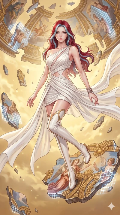 score_9, masterpiece, best quality, ultra-detailed, high-budget anime keyframe, Korean woman. upper body close-up from the thighs up, character filling the screen for maximum presence. propelling herself off digital baroque ceiling fresco shards that