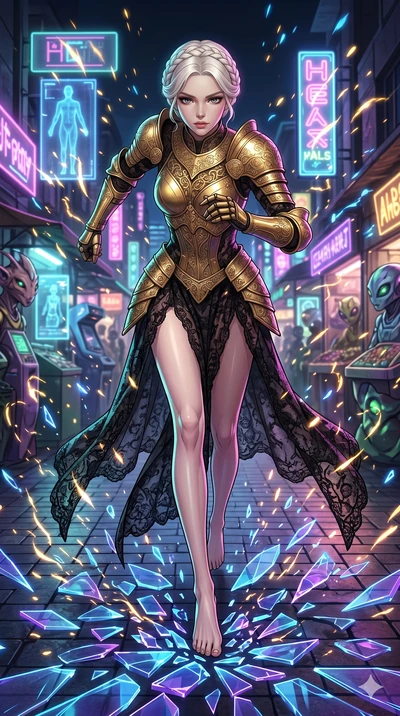 score_9, masterpiece, best quality, ultra-detailed, Set A: High-budget Anime Keyframe, Caucasian (strictly human ears) woman. Low angle cowboy shot filling the entire 9:16 frame with her statuesque presence. Sprinting through a futuristic night marke