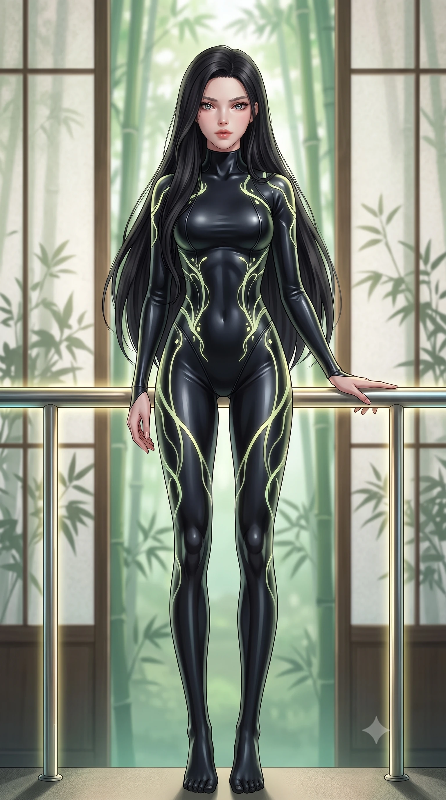 score_9, masterpiece, best quality, ultra-detailed, high-budget anime keyframe, editorial fashion photography, tasteful artistic composition, Korean woman. low angle full-body shot from head to toe showing her feet, filling the entire 9:16 vertical frame with her statuesque presence, stretching her vertical silhouette. standing in a tall, confident posture with one hand on a glowing metal railing, stretching her statuesque body, the background shows a soft-focus a bamboo forest temple with paper partitions showing plant silhouettes. She has an absolutely perfect, statuesque 8.5-heads proportion, an exceptionally tall and slender model-like female figure with impossibly long slender legs and an ultra-slim waist. sharp v-shaped jawline, high-bridge nose, intricate jewel-like eyes with depth, thick eyelashes, glossy lips with a natural sheen. wearing a tailored form-fitting cybernetic combat suit in matte black latex, tracing her willowy silhouette with a high neck. soft green and yellow digital plant light wrapping her form in an organic glow. highly saturated vibrant anime colors, detailed shading with soft gradients, rich glossy textures, high-contrast stereoscopic depth, volumetric dynamic lighting, master piece, 9:16 ratio
