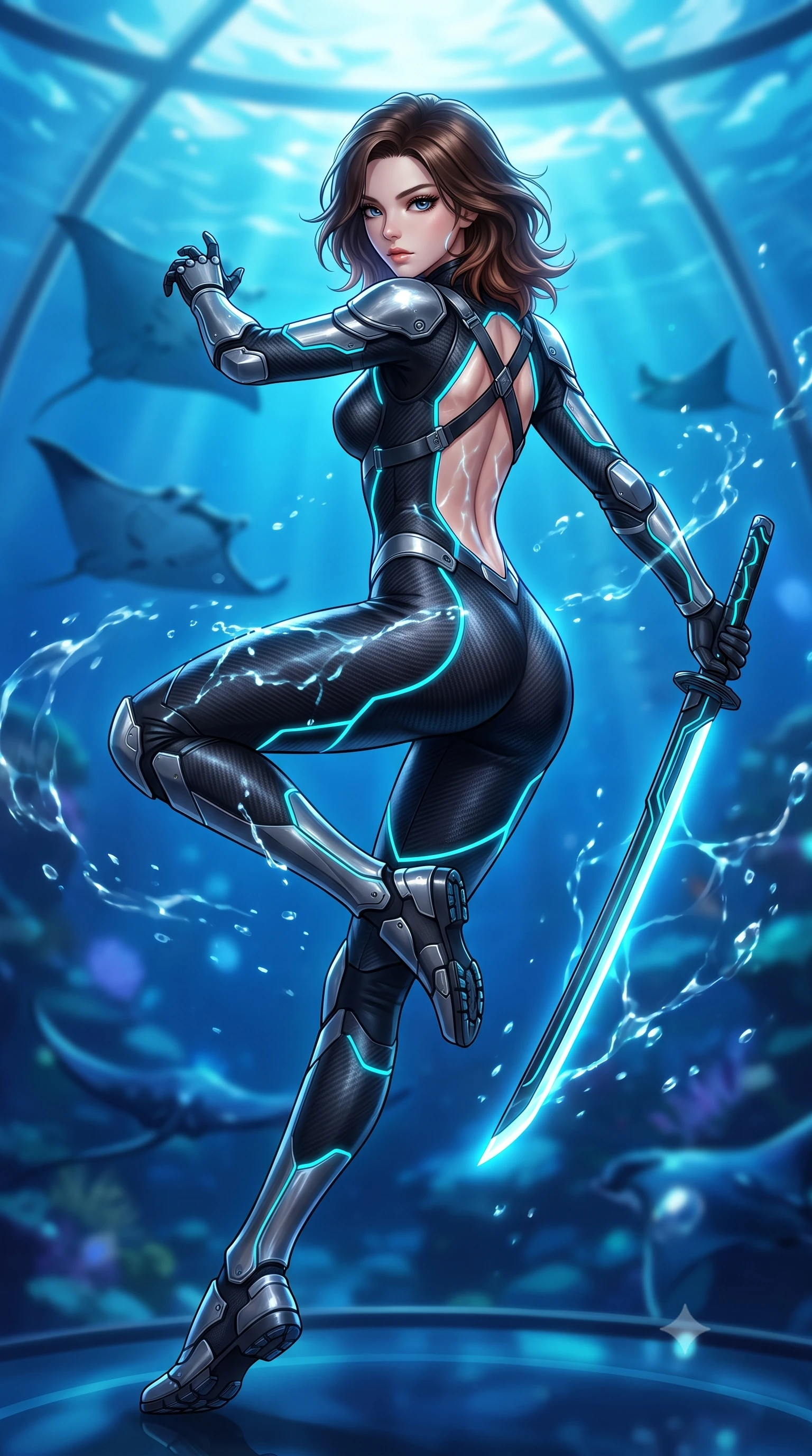score_9, masterpiece, best quality, ultra-detailed, high-budget anime keyframe, semi-realistic 3D game render, editorial fashion photography, tasteful artistic composition, Korean woman. low angle full-body shot from head to toe showing her feet, filling the entire 9:16 vertical frame with her statuesque presence, stretching her vertical silhouette. performing an alluring mid-air combat landing with flawless poise, looking directly into the camera with regal, deadly intensity while pivoting dynamically as water caustics from the surrounding ocean dome dance across her form-contouring carbon battle-suit. The composition keeps background elements in soft focus with creamy bokeh. swimming deep-sea manta rays and aquatic dome water ripples blurred into rich sapphire, cyan, and indigo bokeh. She has an absolutely perfect, statuesque 8.5-heads proportion, an exceptionally tall and slender model-like female figure with impossibly long slender legs, a toned flat midriff, and an ultra-slim waist. sharp v-shaped jawline, high-bridge nose, intricate jewel-like eyes with depth, thick eyelashes, glossy lips with a natural sheen, flawlessly proportioned anatomical accuracy, strict slender model proportions, natural body alignment, perfectly sculpted long slender limbs, ultra-slim waistline, clean dynamic posture without body distortion. wearing an aerodynamic matte-black carbon-fiber bodysuit with glowing neon cyan conduit lines, reinforced by polished titanium pauldrons, wielding a sleek holographic plasma katana with a brilliant energy blade in matte obsidian carbon black with electric cyan conduits, crafted from ultra-strong woven carbon-fiber composite with a satin luster, complemented by criss-cross back harness straps highlighting her completely bare spine, the glove-like aerodynamic second-skin fit tightly clinging to her ultra-slender waist and athletic curves without adding bulk, accentuating her razor-sharp statuesque lines and slim hourglass silhouette. bathed in luminous sapphire and cyan aquatic backlighting with glittering water surface caustics. rich saturated anime colors with glowing neon highlights, detailed shading with soft gradients, rich glossy textures, high-contrast stereoscopic depth, volumetric dynamic lighting, master piece, 9:16 ratio