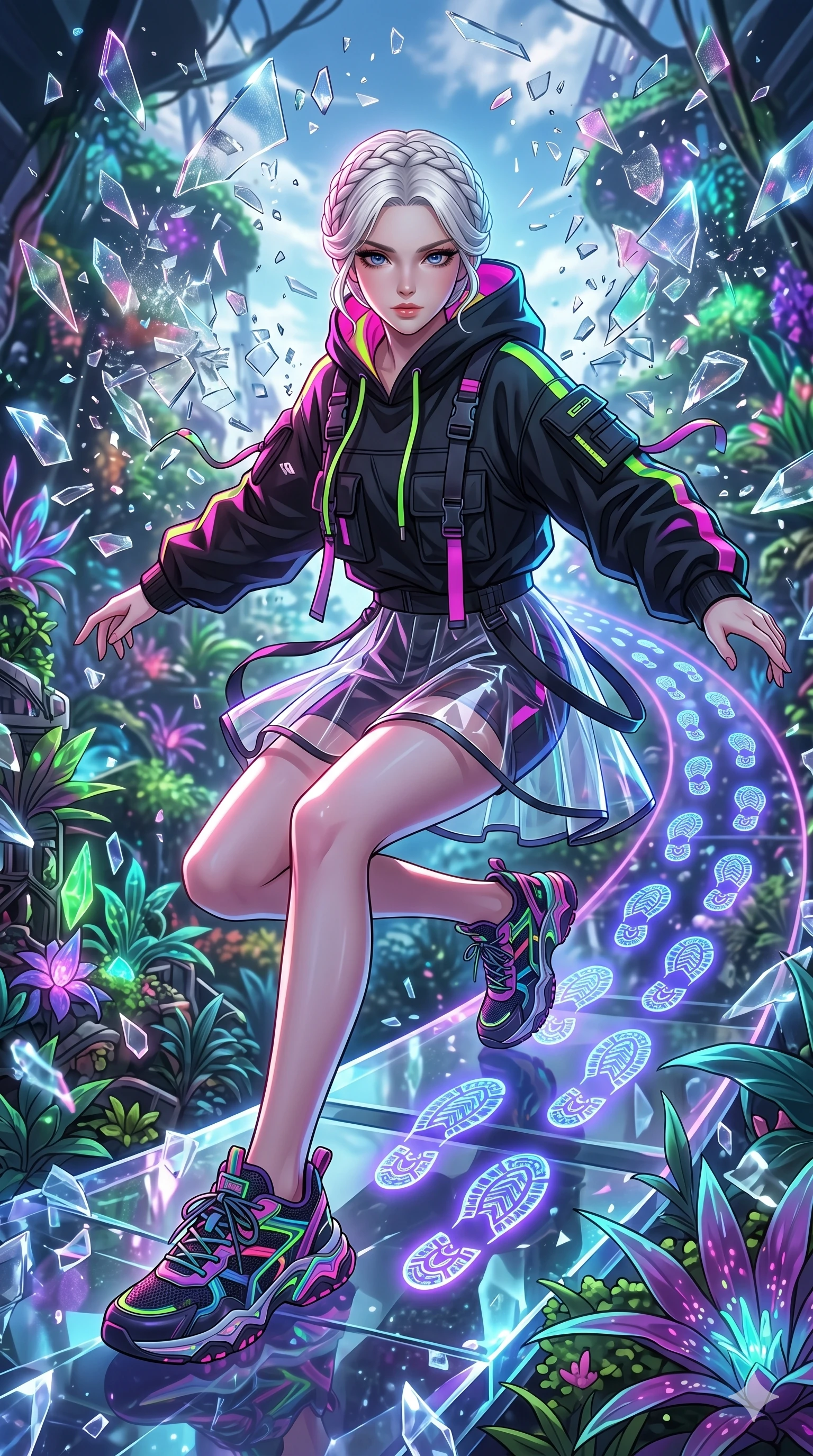 score_9, masterpiece, best quality, ultra-detailed, Set A: High-budget Anime Keyframe, Japanese woman. Upper body close-up from the thighs up, character filling the screen for maximum presence. Sliding through a floating botanical garden, as she leaves a trail of 118 glowing footprints and surrounded by shattered glass fragments. She has an absolutely perfect 8-heads proportion, an exceptionally tall and slender female figure with impossibly long slender legs and an ultra-slim waist. Sharp v-shaped jawline, high-bridge nose, intricate jewel-like eyes with depth, thick eyelashes, glossy lips with a natural sheen. Wearing Streetwear tech-hoodie with a transparent PVC skirt and neon sneakers. Cinematic lighting, vibrant colors, dramatic shadows, 2k, ultra detail, master piece, 9:16 ratio