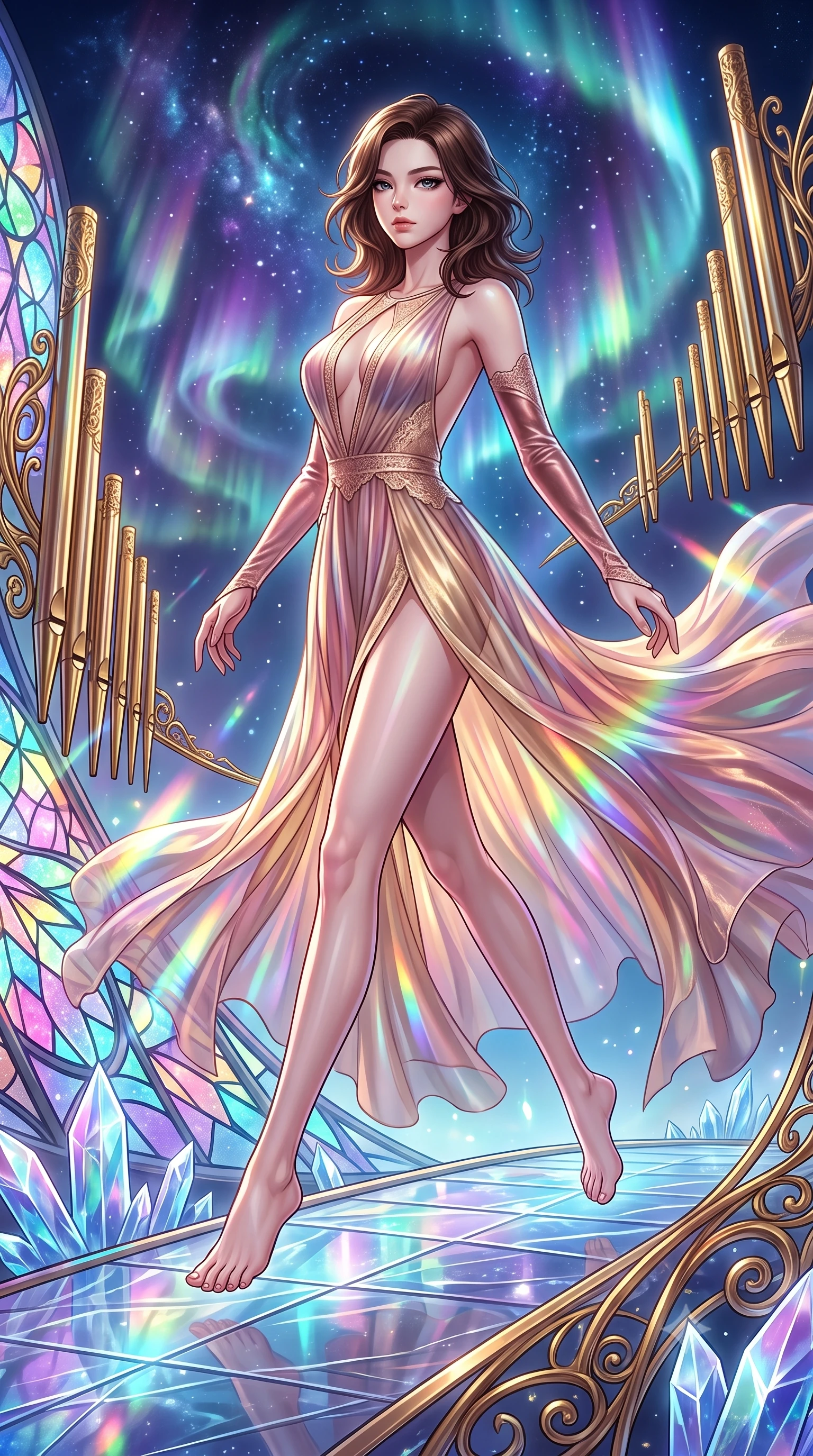score_9, masterpiece, best quality, ultra-detailed, high-budget anime keyframe, editorial fashion photography, tasteful artistic composition, Korean woman. low angle full-body shot from head to toe showing her feet, filling the entire 9:16 vertical frame with her statuesque presence, stretching her vertical silhouette. leaping gracefully through mid-air with statuesque elegance, her impossibly long slender legs stretched in perfect balance while stepping forward with proud posture along a crystalline bridge under a cosmic aurora, golden filigree organ pipes casting intricate metallic reflections in mid-air. She has an absolutely perfect, statuesque 8.5-heads proportion, an exceptionally tall and slender model-like female figure with impossibly long slender legs and an ultra-slim waist. sharp v-shaped jawline, high-bridge nose, intricate jewel-like eyes with depth, thick eyelashes, glossy lips with a natural sheen, flawlessly proportioned anatomical accuracy, natural body alignment, perfectly sculpted elegant limbs, clean dynamic posture without body distortion. wearing a translucent iridescent chiffon gown with a plunging neckline and open back in dusty rose and champagne gold, made of premium stretch velvet with a rich sheen, accented with a Tasteful chest slit framing her clavicle gracefully, the glove-like fit emphasizing her statuesque silhouette during motion. illuminated by cascading rainbow prismatic light refracting through stained glass. highly saturated vibrant anime colors, detailed shading with soft gradients, rich glossy textures, high-contrast stereoscopic depth, volumetric dynamic lighting, master piece, 9:16 ratio