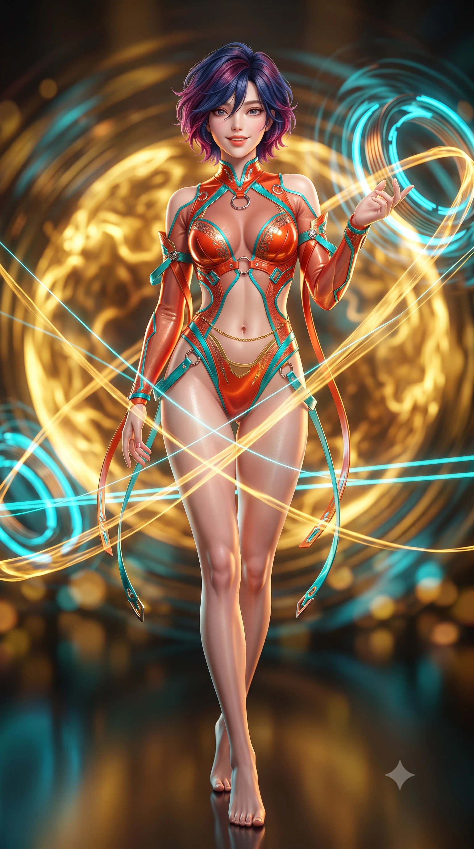 score_9, masterpiece, best quality, ultra-detailed, high-budget anime keyframe, semi-realistic 3D game render, editorial fashion photography, tasteful artistic composition, Korean woman. low angle full-body shot from head to toe showing her feet, filling the entire 9:16 vertical frame with her statuesque presence, stretching her vertical silhouette. stepping slowly toward the camera with hypnotic grace, hips swaying in an alluring sensual rhythm that accentuates her curvy hourglass silhouette and long slender legs while twisting her slender torso in an alluring S-curve, golden plasma ribbons and cyan laser containment fields criss-crossing across her flat midriff and hourglass curves. The background shows a soft-focus swirling sphere of molten golden plasma, circular magnetic coil rings pulsing with cyan light, and shimmering heat distortion ripples blurred into gold, amber, and cyan bokeh. She has an exceptionally tall and slender model-like 8.5-heads proportion, an ultra-slim waist, a flat toned midriff, narrow delicate ribcage, and beautifully sculpted feminine hips creating a graceful, slim hourglass silhouette without any bulky heaviness, with impossibly long slender legs. sharp v-shaped jawline, high-bridge nose, intricate jewel-like sparkling eyes with depth, thick eyelashes, glossy parted lips with a natural peach sheen, bright cheerful beaming smile with an enchanting and coquettish sensual glint, exuding both youthful cute charm and seductive allure, flawlessly proportioned anatomical accuracy, strict slender model proportions, natural body alignment, perfectly sculpted long slender limbs, ultra-slim waistline, clean dynamic posture without body distortion. wearing a provocative sheer-illusion tactical combat bodysuit with strategic metallic foil flocking and high-cut leg openings in cyber-shinto vermilion and laser turquoise, adorned with delicate chrome ring hardware and cutouts along her slender waist, accented with a dainty gold belly chain resting across her flat midriff and curving hips, the form-contouring silhouette accentuating her sculpted flat midriff, narrow delicate ribcage, and gracefully curvy hips with intoxicating allure. bathed in the blinding warm golden 3000K plasma radiance mixed with delicate cyan laser grid lines. highly saturated vibrant anime colors, detailed shading with soft gradients, rich glossy textures, high-contrast stereoscopic depth, volumetric dynamic lighting, master piece, 9:16 ratio