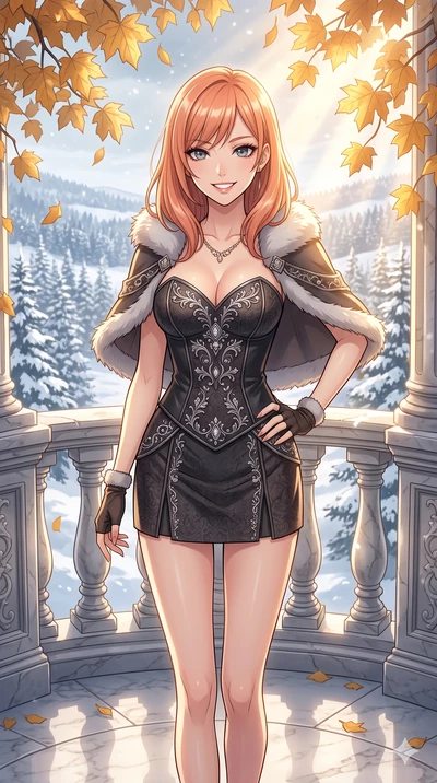 score_9, masterpiece, best quality, ultra-detailed, high-budget anime keyframe, vibrant anime aesthetic, Japanese woman. cowboy shot from the thighs up, character and outfit filling the frame for maximum presence. She is posing with a cheerful and co