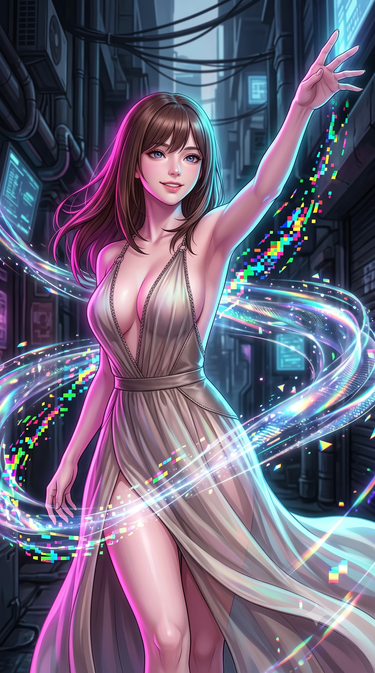score_9, masterpiece, best quality, ultra-detailed, high-budget anime keyframe, editorial fashion photography, tasteful artistic composition, Korean woman. close-up cowboy shot from the waist and thighs up, the character dominates the composition, filling the frame with her large presence, background elements kept in soft focus. Extending one arm in an elegant stretch toward the light while smiling with magnetic self-assurance while forging forward through a cybernetic alleyway as holographic wind swirls around her, RGB glitch noise patterns casting colorful pixel trails along her movement. She has an exceptionally elegant, slender, and willowy female figure with an ultra-slim waist, a gracefully sculpted slender torso, and a refined silhouette. sharp v-shaped jawline, high-bridge nose, intricate jewel-like eyes with depth, thick eyelashes, glossy lips with a natural sheen, flawlessly proportioned anatomical accuracy, natural body alignment, perfectly sculpted elegant limbs, clean dynamic posture without body distortion. wearing a translucent iridescent chiffon gown with a plunging neckline and open back in muted taupe and soft ivory, made of fine carbon-fiber weave and soft matte leather, adorned with delicate metallic chain straps along the neckline, the form-contouring material highlighting her ultra-slim waist and long lines. drenched in intense neon magenta and cyan rim light with dark urban contrast. highly saturated vibrant anime colors, detailed shading with soft gradients, rich glossy textures, high-contrast stereoscopic depth, volumetric dynamic lighting, master piece, 9:16 ratio