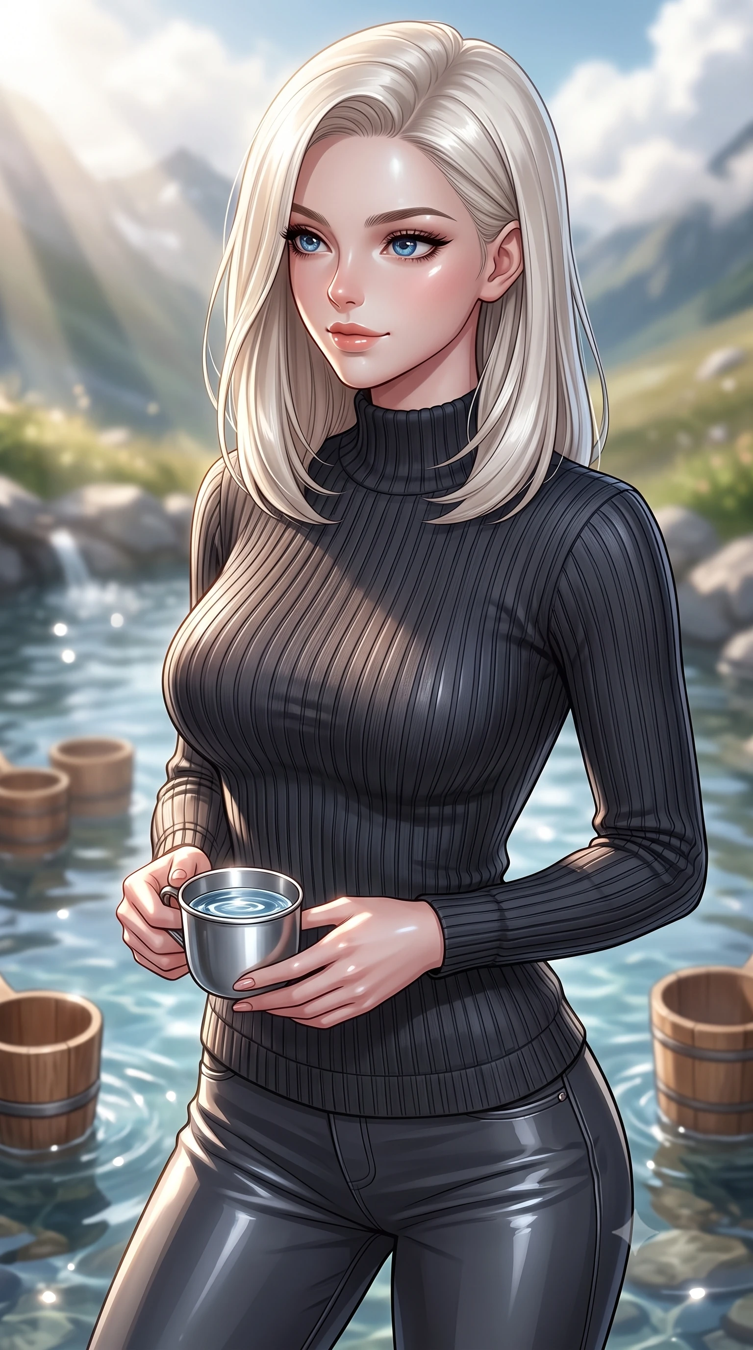 score_9, masterpiece, best quality, ultra-detailed, high-budget anime keyframe, editorial fashion photography, tasteful artistic composition, Caucasian woman. close-up cowboy shot from the waist and thighs up, the character dominates the composition, filling the frame with her large presence, background elements kept in soft focus. gazing past the camera with an alluring, daydreaming expression and a sweet half-smile set against a soft-focus background of next to a mountain spring well with clear water and wooden cups with a small metal cup of fresh spring water held in her hands. She has an exceptionally elegant, slender, and willowy female figure with an ultra-slim waist, a gracefully sculpted slender torso, and a refined silhouette. sharp v-shaped jawline, high-bridge nose, intricate jewel-like eyes with depth, thick eyelashes, glossy lips with a natural sheen. wearing form-contouring body-hugging ribbed knit sweater in charcoal, paired with slim-fit trousers. soft afternoon sunbeams filtering through passing white mountain clouds. ultra-reflective glossy finish, specular highlights, metallic sheen, high-contrast stereoscopic depth, volumetric dynamic lighting, 2k, ultra detail, master piece, 9:16 ratio