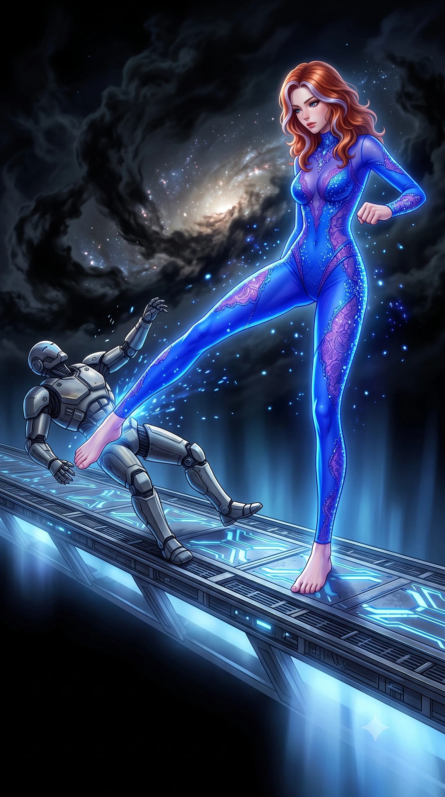 score_9, masterpiece, best quality, ultra-detailed, high-budget anime keyframe, editorial fashion photography, tasteful artistic composition, Caucasian woman, strictly human ears. low angle full-body shot from head to toe showing her feet, filling the entire 9:16 vertical frame with her statuesque presence, stretching her vertical silhouette. executing a lightning-fast low sweep kick to knock down a security android on a metal catwalk within a bridge of light spanning a dark void, black gas clouds blocking the light of a distant galaxy cluster. She has a statuesque 8.5-heads proportion, an exceptionally tall, slender and willowy model-like build with impossibly long legs and a highly sculpted ultra-slim waist. sharp v-shaped jawline, high-bridge nose, intricate jewel-like eyes with depth, thick eyelashes, glossy lips with a natural sheen. wearing catching and diffusing the glowing particles, shimmering softly in response to the surrounding light, a tailored full-body sheer catsuit in electric blue, featuring violet lace panels and shimmering crystal embellishments. highly saturated vibrant anime colors, intense vivid color palette, soft 3D volumetric shading, volumetric dynamic lighting, stark contrast of the bright light bridge below and absolute black space above. 2k, ultra detail, master piece, 9:16 ratio