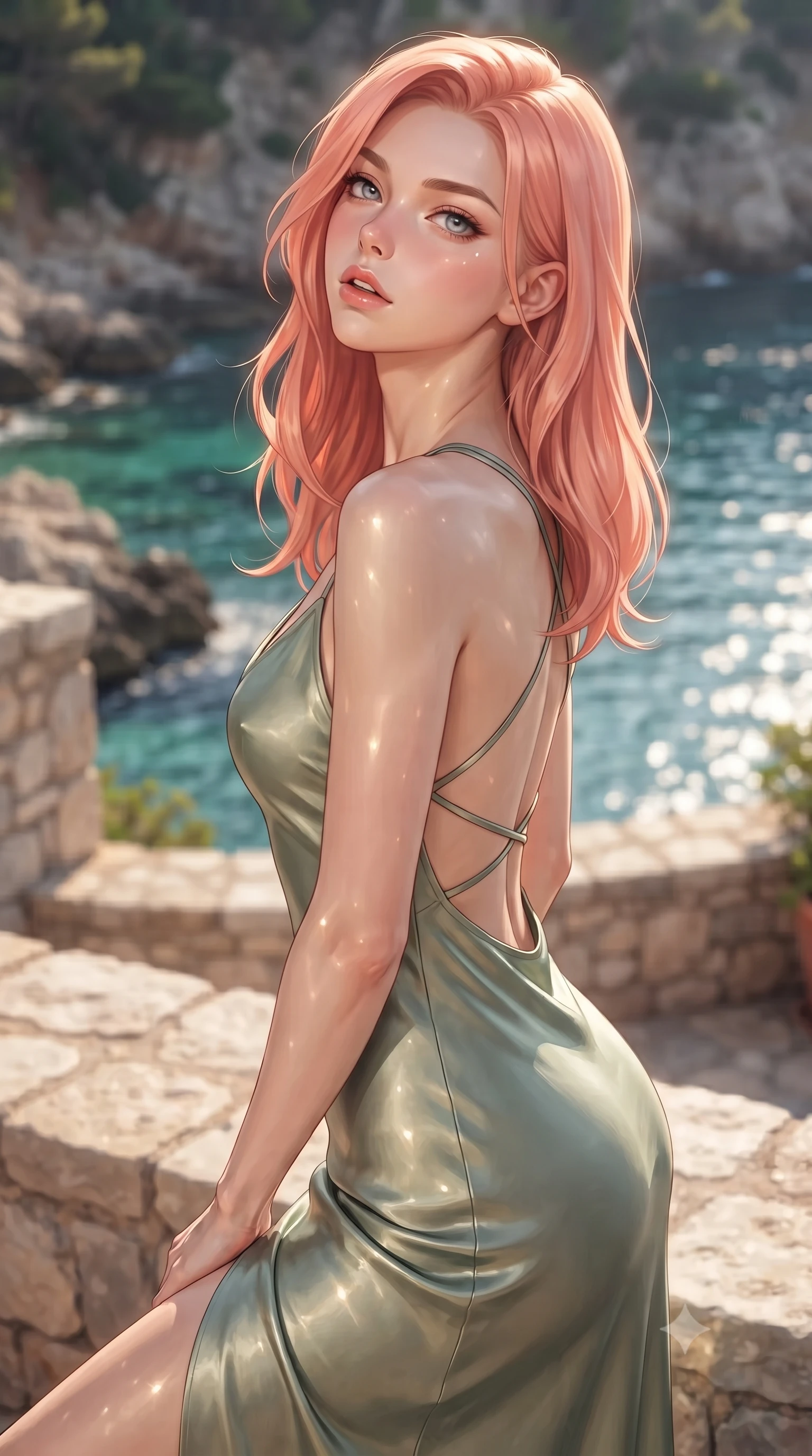 score_9, masterpiece, best quality, ultra-detailed, high-budget anime keyframe, editorial fashion photography, tasteful artistic composition, Japanese woman woman. close-up cowboy shot from the waist and thighs up, the character dominates the composition, filling the frame with her large presence, background elements kept in soft focus. tilting her chin up slightly with lips parted in a composed, provocative expression the background shows a soft-focus a stone terrace of a coastal villa overlooking a rocky bay with turquoise water. She has an exceptionally elegant, slender, and willowy female figure with an ultra-slim waist, a gracefully sculpted slender torso, and a refined silhouette. sharp v-shaped jawline, high-bridge nose, intricate jewel-like eyes with depth, thick eyelashes, glossy lips with a natural sheen. wearing a form-contouring lightweight silk sundress in sage green with a dramatic open-back and thin criss-cross straps. warm afternoon sunbeams reflecting off the ocean surface onto the terrace. ultra-reflective glossy finish, specular highlights, metallic sheen, high-contrast stereoscopic depth, volumetric dynamic lighting, 2k, ultra detail, master piece, 9:16 ratio