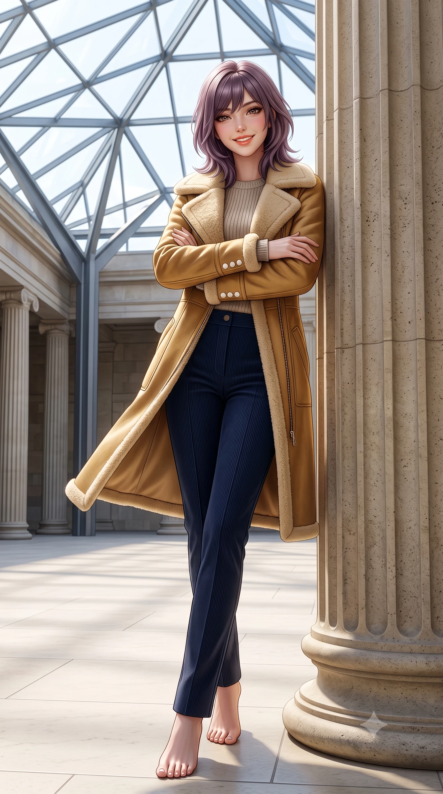 score_9, masterpiece, best quality, ultra-detailed, high-budget anime keyframe, semi-realistic 3D game render, editorial fashion photography, tasteful artistic composition, Japanese woman. low angle full-body shot from head to toe showing her feet, filling the entire 9:16 vertical frame with her statuesque presence, stretching her vertical silhouette. leaning lightly against the sunlit architectural column with arms crossed loosely, flashing a warm, confident smile while stepping gracefully across the vast limestone courtyard floor, her long tailored coat flowing with statuesque elegance. The surrounding environment is rendered in vivid detail and crisp panoramic clarity: sharp geometric steel strut joinery of glass ceiling, fluted column stone grooves, and smooth honed limestone paving joints in deep focus. She has an exceptionally tall and slender model-like 8.5-heads proportion, an ultra-slim waist, a flat toned midriff, narrow delicate ribcage, and beautifully sculpted feminine hips creating a graceful, slim hourglass silhouette without any bulky heaviness, with impossibly long slender legs. sharp v-shaped jawline, high-bridge nose, intricate jewel-like sparkling eyes with depth, thick eyelashes, glossy parted lips with a natural peach sheen, bright cheerful beaming smile with an enchanting and coquettish sensual glint, exuding both youthful cute charm and seductive allure, flawlessly proportioned anatomical accuracy, strict slender model proportions, natural body alignment, perfectly sculpted long slender limbs, ultra-slim waistline, clean dynamic posture without body distortion. wearing a plush shearling-trimmed suede aviator coat layered over a cozy ribbed merino knit sweater and tailored corduroy pants in Ginza vintage brass gold and midnight navy, crafted from fluid mulberry silk twill with an understated lustrous pearl finish, finished with fine mother-of-pearl cuff buttons catching the soft ambient light, the bespoke architectural tailoring hugging her natural waistline with sartorial precision, creating a clean graceful hourglass silhouette with tall model elegance. bathed in voluminous pure white zenithal daylight filtering through the vast geometric glass skylight canopy. highly saturated vibrant anime colors, detailed shading with soft gradients, rich glossy textures, high-contrast stereoscopic depth, volumetric dynamic lighting, master piece, 9:16 ratio