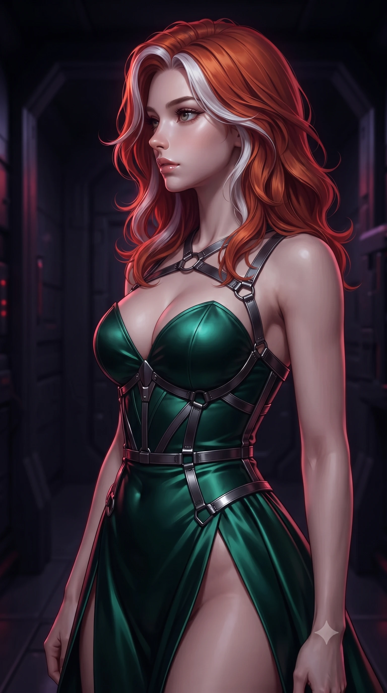 score_9, masterpiece, best quality, ultra-detailed, high-budget anime keyframe, editorial fashion photography, tasteful artistic composition, Caucasian woman. close-up cowboy shot from the waist and thighs up, the character dominates the composition, filling the frame with her large presence, background elements kept in soft focus. Turning her face in sharp dramatic profile against the moody key light, navigating a dark alloy corridor with heavy reinforced blast doors, intense futuristic dark atmosphere with crisp subject isolation. She has an exceptionally elegant, slender, and willowy female figure with an ultra-slim waist, a gracefully sculpted slender torso, and a refined silhouette. sharp v-shaped jawline, high-bridge nose, intricate jewel-like eyes with depth, thick eyelashes, glossy lips with a natural sheen. wearing low-cut gothic structured bodice gown with high leg slit in deep emerald green, made of soft dark satin, highlighted by a gunmetal metallic harness structure, sculpting her athletic slender build with refined precision. illuminated by dark crimson and violet laser light piercing black alloy shadows. highly saturated vibrant anime colors, detailed shading with soft gradients, rich glossy textures, high-contrast stereoscopic depth, volumetric dynamic lighting, master piece, 9:16 ratio