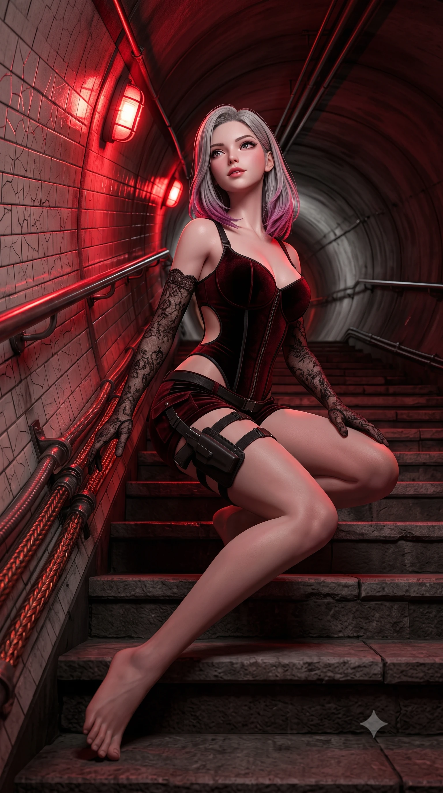 score_9, masterpiece, best quality, ultra-detailed, high-budget anime keyframe, semi-realistic 3D game render, editorial fashion photography, tasteful artistic composition, Caucasian woman. low angle full-body shot from head to toe showing her feet, filling the entire 9:16 vertical frame with her statuesque presence, stretching her vertical silhouette. sitting poised on the stone steps with one knee bent, arching her spine with supermodel elegance as she glances upward through thick eyelashes while walking along the curved subway maintenance tracks, arching her back with predatory siren elegance as red emergency lights pulse. The surrounding environment is rendered in vivid detail and crisp panoramic clarity: sharp ceramic subway wall tile crazing, steel rail sheen, and braided conduit copper ground straps in deep focus. She has an absolutely perfect, statuesque 8.5-heads proportion, an exceptionally tall and slender model-like female figure with impossibly long slender legs, an ultra-slim waist, a flat toned midriff, narrow delicate ribcage, and beautifully sculpted feminine hips creating a graceful, slim hourglass silhouette without any bulky heaviness. sharp v-shaped jawline, high-bridge nose, sparkling eyes with hypnotic seductive depth, thick curled eyelashes, glossy parted lips with a natural dewy peach sheen, alluring bedroom-eyes with an enchanting coquettish smile, exuding magnetic siren charisma and sophisticated glamour, flawlessly proportioned anatomical accuracy, strict slender model proportions, natural body alignment, perfectly sculpted long slender limbs, ultra-slim waistline, clean dynamic posture without body distortion. wearing a structured boned tactical leatherette corset bodice paired with low-rise cargo hot-pants and thigh holster straps in matte obsidian black and tactical crimson red with gunmetal hardware, tailored from ultra-plush velvet with rich tactile depth and deep shadow gradients, complemented by sheer opera-length lace evening gloves tracing her slender arms, the precision-cut side openings and low-back scoop framing her graceful spine and the sensual sweep of her slim, toned hips. bathed in rhythmic crimson strobe glow from industrial bulkhead wall fixtures. highly saturated vibrant anime colors, detailed shading with soft gradients, rich glossy textures, high-contrast stereoscopic depth, volumetric dynamic lighting, master piece, 9:16 ratio
