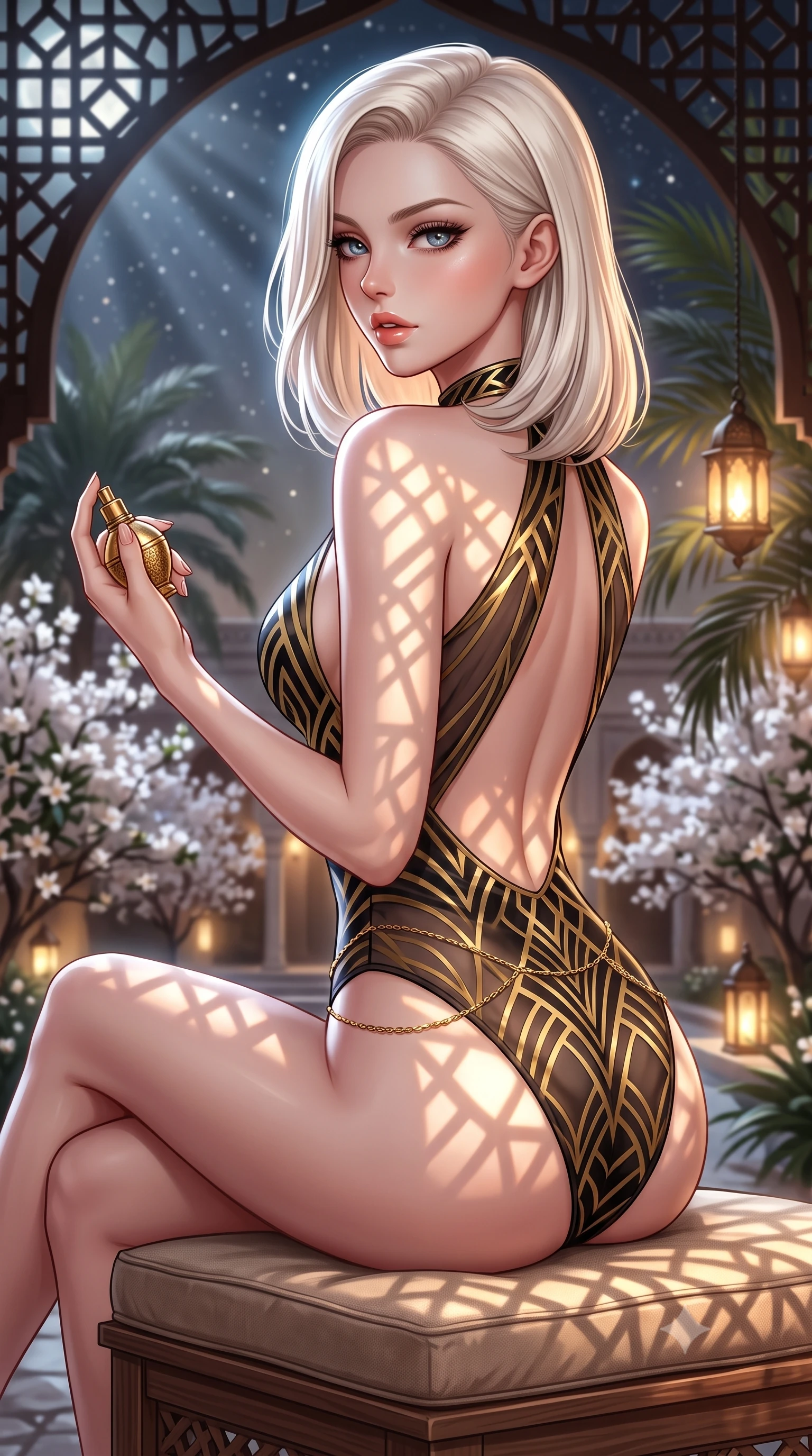 score_9, masterpiece, best quality, ultra-detailed, high-budget anime keyframe, semi-realistic 3D game render, editorial fashion photography, tasteful artistic composition, Caucasian woman. close-up cowboy shot from the waist and thighs up, the character dominates the composition, filling the frame with her large presence. posing in an alluring rear three-quarter angle, looking over a bare shoulder with parted glossy lips, her hips cocked back to highlight her slim hourglass curve while sitting poised on the low cushioned cedar bench with legs crossed, holding a brass perfume vial with dangerous coquettish allure. The background shows a soft-focus blooming white orange blossom trees in courtyard below, flickering lantern glows among palm fronds, and starry sky blurred into honey, ivory, and obsidian bokeh. She has an exceptionally elegant, slender, and willowy female figure with an ultra-slim waist, flat toned midriff, narrow ribcage, and sculpted feminine hips creating an alluring, slim hourglass silhouette without bulk. sharp v-shaped jawline, high-bridge nose, sparkling eyes with hypnotic seductive depth, thick curled eyelashes, glossy parted lips with a natural dewy peach sheen, alluring bedroom-eyes with an enchanting coquettish smile, exuding magnetic siren charisma and sophisticated glamour, flawlessly proportioned anatomical accuracy, strict slender model proportions, natural body alignment, perfectly sculpted long slender limbs, ultra-slim waistline, clean dynamic posture without body distortion. wearing a criss-cross halterneck keyhole bodysuit with open back and sculpted waist darts in Shanghai Art Deco black and polished brass gold, made of sheer gossamer chiffon that drapes softly against skin with airy translucence, accented with a dainty gold belly chain resting across her flat midriff and curving hips, the liquid-tight tailored fabric clinging flawlessly to her narrow waist and rounded feminine hips, emphasizing every millimeter of her sculpted slim hourglass curves without any bulky heaviness. bathed in sharp geometric patterned light and shadow projected by moonlight streaming through the mashrabiya lattice. highly saturated vibrant anime colors, detailed shading with soft gradients, rich glossy textures, high-contrast stereoscopic depth, volumetric dynamic lighting, master piece, 9:16 ratio