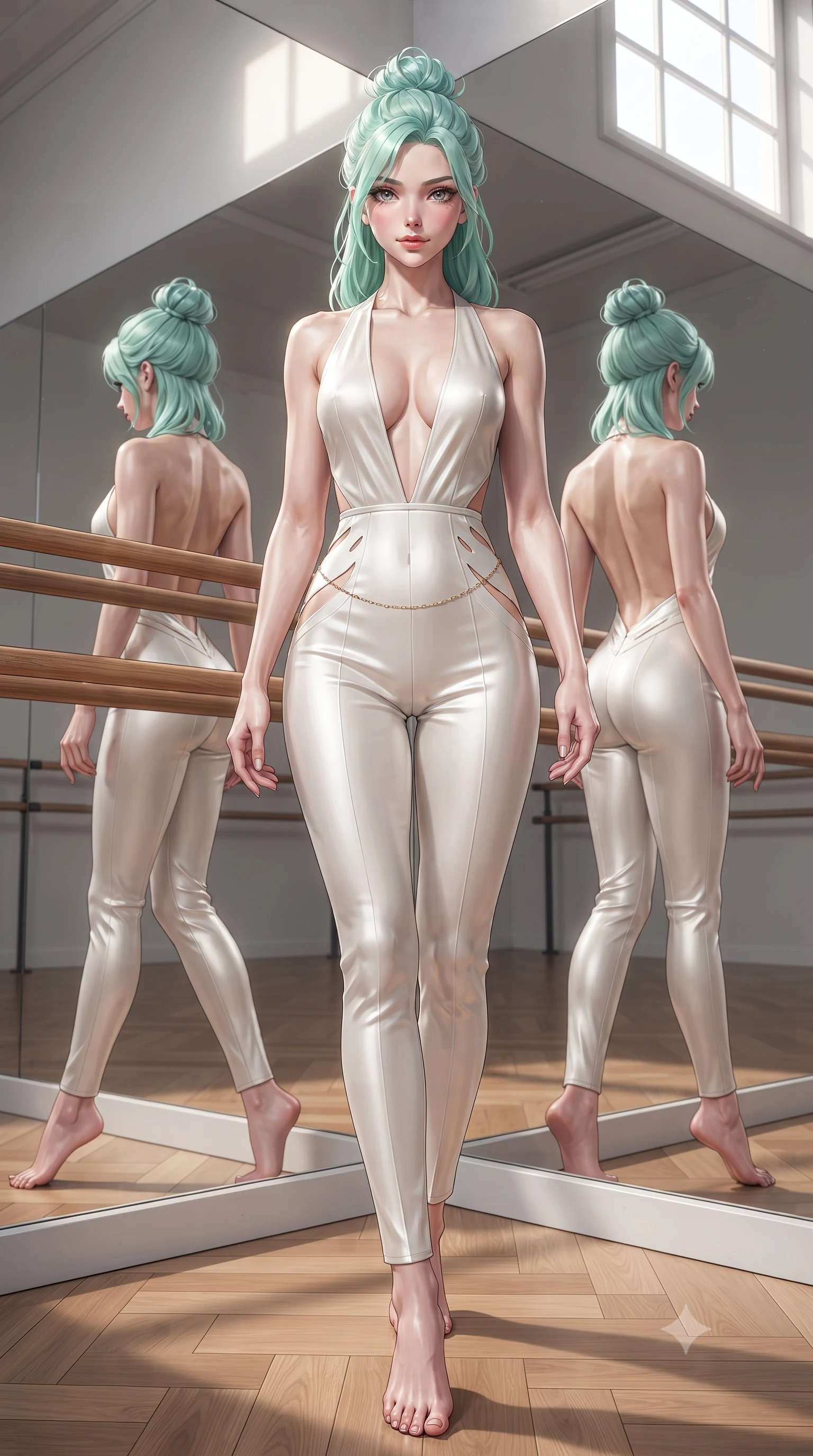 score_9, masterpiece, best quality, ultra-detailed, high-budget anime keyframe, editorial fashion photography, tasteful artistic composition, Japanese woman. low angle full-body shot from head to toe showing her feet, filling the entire 9:16 vertical frame with her statuesque presence, stretching her vertical silhouette. stepping slowly toward the camera with hypnotic grace, hips swaying in an alluring sensual rhythm that accentuates her curvy hourglass silhouette and long slender legs while twisting her slender torso in an alluring contrapposto stance before the mirror, sunlight tracing her flat midriff, narrow waist, and hips. The surrounding environment is rendered in vivid detail and crisp panoramic clarity: sharp polished wooden barre grain, oak parquet floor seams, and crystal clear mirror reflection in deep focus. She has an absolutely perfect, statuesque 8.5-heads proportion, an exceptionally tall and slender model-like female figure with impossibly long slender legs, an ultra-slim waist, a flat toned midriff, narrow delicate ribcage, and beautifully sculpted feminine hips creating a graceful, slim hourglass silhouette without any bulky heaviness. sharp v-shaped jawline, high-bridge nose, sparkling eyes with hypnotic seductive depth, thick curled eyelashes, glossy parted lips with a natural dewy peach sheen, alluring bedroom-eyes with an enchanting coquettish smile, exuding magnetic siren charisma and sophisticated glamour, flawlessly proportioned anatomical accuracy, strict slender model proportions, natural body alignment, perfectly sculpted long slender limbs, ultra-slim waistline, clean dynamic posture without body distortion. wearing a backless plunge-front second-skin stealth jumpsuit with fluid tapered legs and laser-cut hip ventilation in pure pearl alabaster with liquid platinum sheen, crafted from fluid liquid silk satin that clings smoothly to every curve with a dewy sheen, accented with a dainty gold belly chain resting across her flat midriff and curving hips, the second-skin tailored fabric adhering flawlessly to her sculpted flat midriff and slender torso, emphasizing her long leg lines and perfectly proportioned willowy build. illuminated by mirror reflection bounce and sharp platinum rim lights sculpting her jawline, flat midriff, and voluptuous hip curves. ultra-reflective glossy finish, specular highlights, rich textural contrasts, high-contrast stereoscopic depth, volumetric dynamic lighting, 2k, ultra detail, master piece, 9:16 ratio