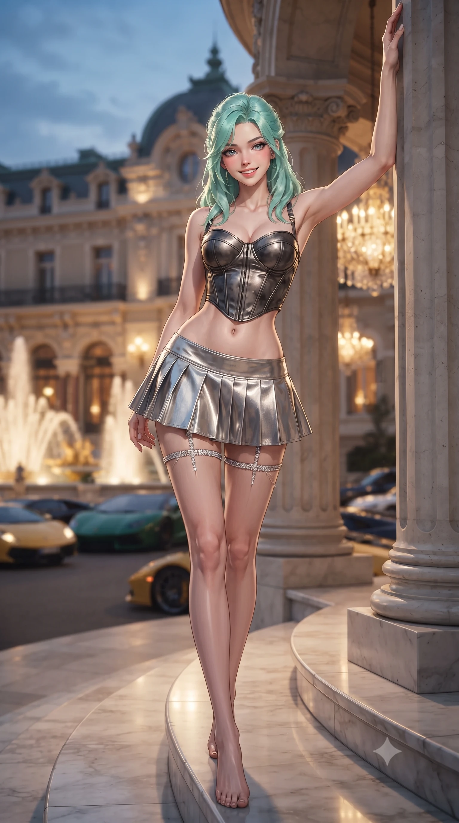 score_9, masterpiece, best quality, ultra-detailed, high-budget anime keyframe, editorial fashion photography, tasteful artistic composition, Japanese woman. low angle full-body shot from head to toe showing her feet, filling the entire 9:16 vertical frame with her statuesque presence, stretching her vertical silhouette. standing tall beside the architectural column, one hand resting high while arching her lower back to emphasize her sculpted feminine hips and slender waist while walking slowly down the grand marble stairway as the warm Riviera sea breeze molds her gown to her narrow waist and curvy hips, flashing a radiant teasing smile. The background shows a soft-focus illuminated Belle Époque palace facade, cascading gilded fountains, and rows of luxury supercars blurred into champagne, emerald, and warm amber bokeh. She has an exceptionally tall and slender model-like 8.5-heads proportion, an ultra-slim waist, a flat toned midriff, narrow delicate ribcage, and beautifully sculpted feminine hips creating a graceful, slim hourglass silhouette without any bulky heaviness, with impossibly long slender legs. sharp v-shaped jawline, high-bridge nose, intricate jewel-like sparkling eyes with depth, thick eyelashes, glossy parted lips with a natural peach sheen, bright cheerful beaming smile with an enchanting and coquettish sensual glint, exuding both youthful cute charm and seductive allure, flawlessly proportioned anatomical accuracy, strict slender model proportions, natural body alignment, perfectly sculpted long slender limbs, ultra-slim waistline, clean dynamic posture without body distortion. wearing a structured metallic corset crop top with boned waist paired with a low-rise pleated metallic micro-skirt in smoky charcoal noir and reflective metallic platinum, crafted from delicate pleated metallic lamé catching dynamic light with every step, finished with delicate crystal-encrusted thigh garter straps glinting in the dim light, the glove-like clinging cut tightly following the natural contour of her hips and long slender legs with youthful 8.5-heads elegance. bathed in the opulent golden 2800K glow of neoclassical crystal chandeliers spilling from palace French doors mixed with Mediterranean dusk sky. ultra-reflective glossy finish, specular highlights, rich textural contrasts, high-contrast stereoscopic depth, volumetric dynamic lighting, 2k, ultra detail, master piece, 9:16 ratio