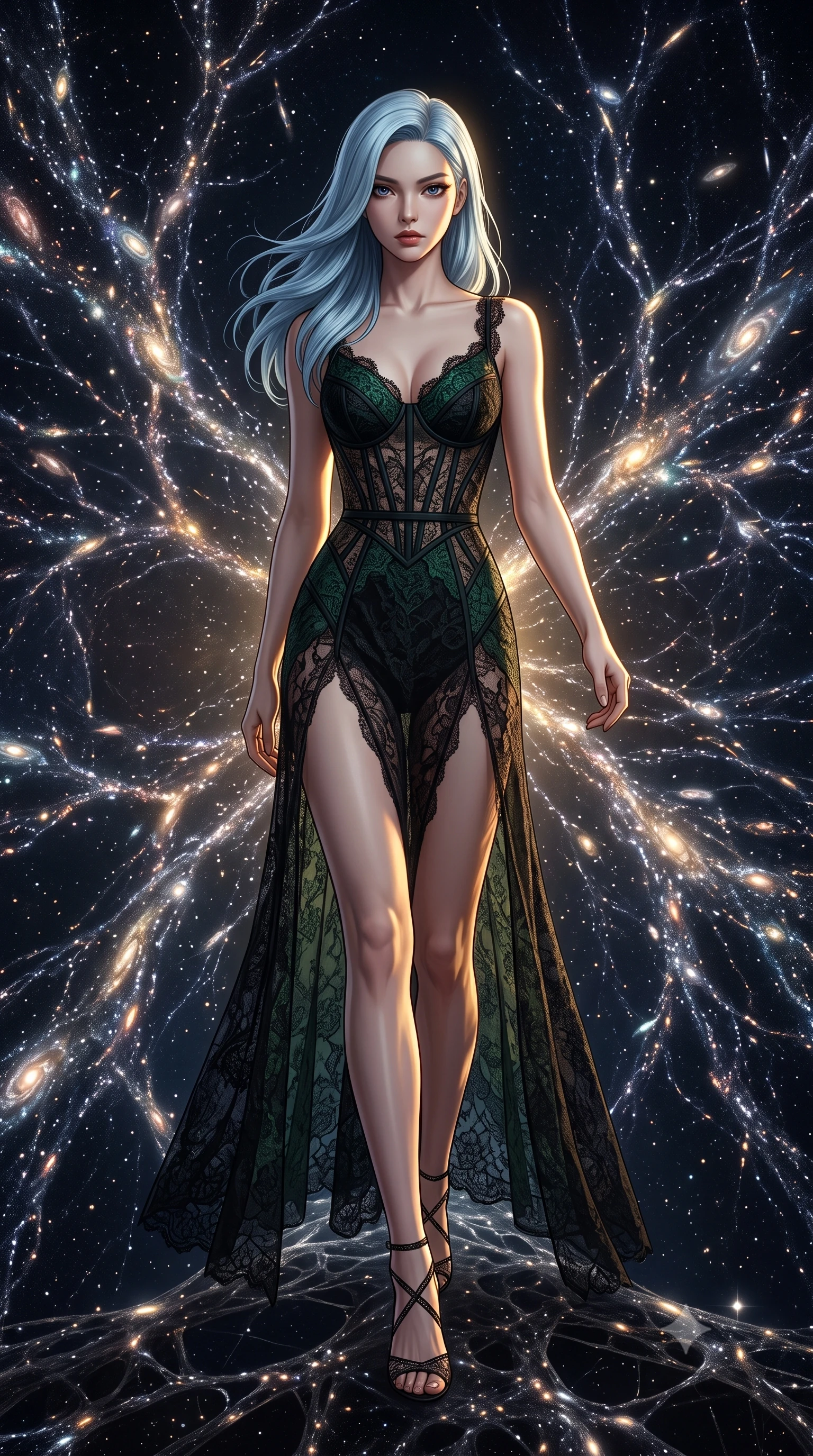 score_9, masterpiece, best quality, ultra-detailed, high-budget anime keyframe, editorial fashion photography, tasteful artistic composition, Korean woman. low angle full-body shot from head to toe showing her feet, filling the entire 9:16 vertical frame with her statuesque presence, stretching her vertical silhouette. navigating with fluid motion through at the grand intersection point of cosmic web filaments where streams of thousands of galaxies flow in luminous rivers along dark matter scaffolding the largest structure in the universe made visible. She has a statuesque 8.5-heads proportion, an exceptionally tall, slender and willowy model-like build with impossibly long legs and a highly sculpted ultra-slim waist. sharp v-shaped jawline, high-bridge nose, intricate jewel-like eyes with depth, thick eyelashes, glossy lips with a natural sheen. wearing a deconstructed lace gown in black, detailed with forest green lace panels and corset structure. dramatic chiaroscuro with a single golden key light sculpting her silhouette. 2k, ultra detail, master piece, 9:16 ratio