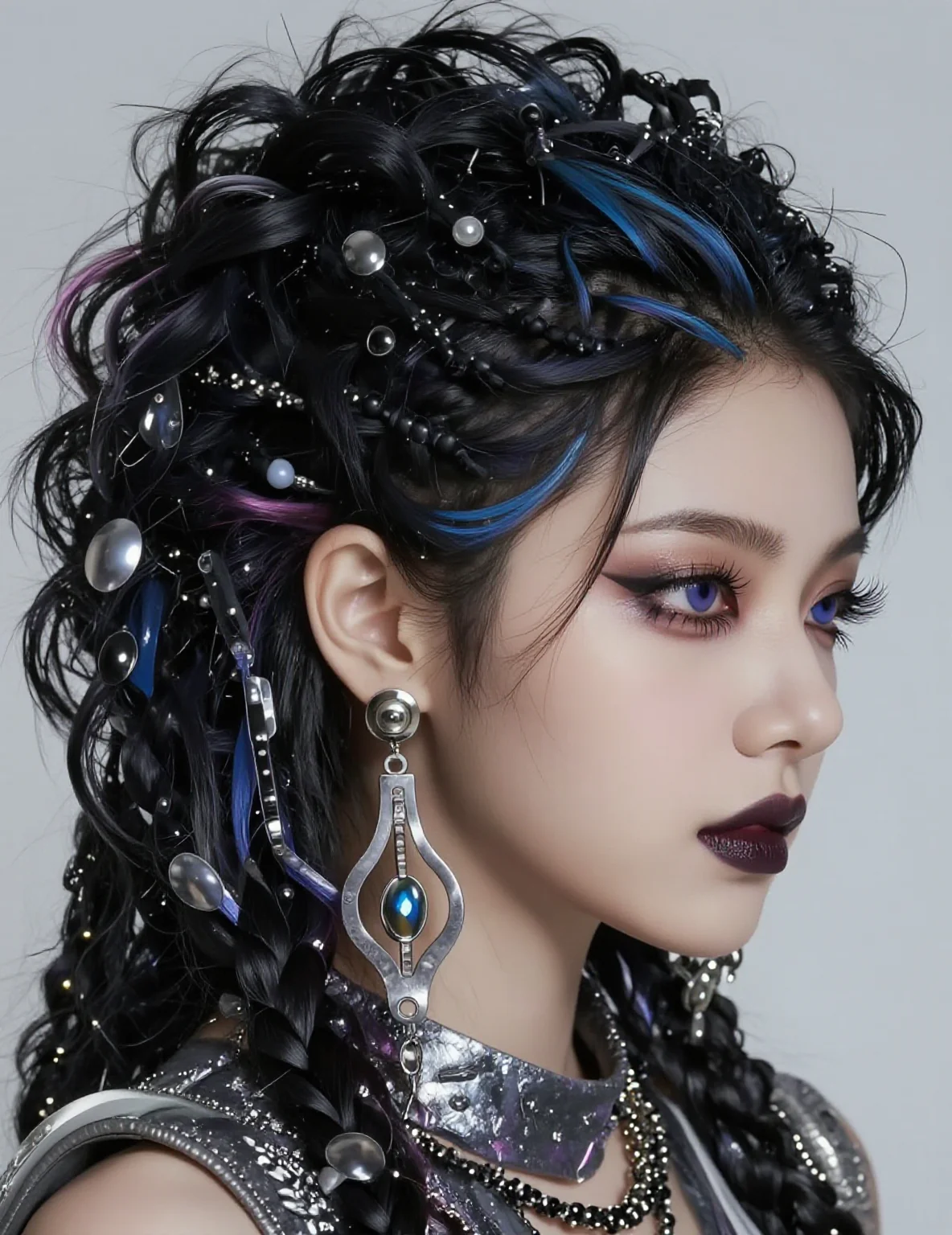 A portrait of a female idol with long, multi-colored black hair and striking, artistically manipulated eye color. She wears an elegant Gen-Z Japan-Korea fusion outfit with metallic accents and a layered silhouette.