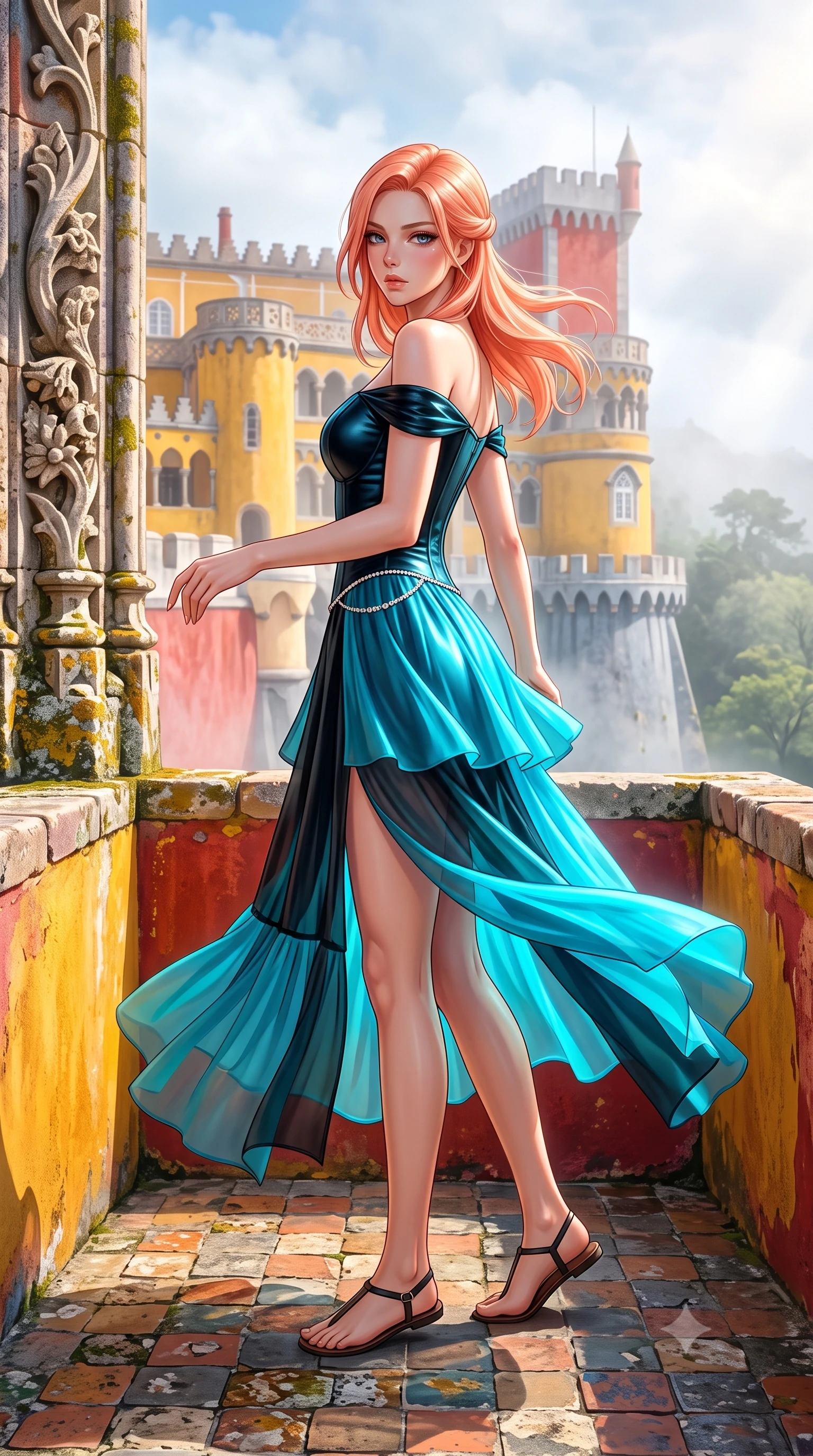 score_9, masterpiece, best quality, ultra-detailed, high-budget anime keyframe, semi-realistic 3D game render, editorial fashion photography, tasteful artistic composition, Japanese woman. low angle full-body shot from head to toe showing her feet, filling the entire 9:16 vertical frame with her statuesque presence, stretching her vertical silhouette. executing an elegant mid-motion pivot turn as garments swirl around her slender limbs, glancing over her shoulder with an intoxicating bedroom-gaze while standing on the vivid ochre and rose-red castle rampart balcony, arching her lower back as Atlantic coastal mist swirls through the enchanted forest below. The surrounding environment is rendered in vivid detail and crisp panoramic clarity. sharp carved Manueline sea-coral stone reliefs, colorful stucco wall textures, and ancient lichen in deep focus. She has an exceptionally tall and slender model-like 8.5-heads proportion, an ultra-slim waist, a flat toned midriff, narrow delicate ribcage, and beautifully sculpted feminine hips creating a graceful, slim hourglass silhouette without any bulky heaviness, with impossibly long slender legs. sharp v-shaped jawline, high-bridge nose, intricate jewel-like eyes with depth, thick eyelashes, glossy parted lips with a natural sheen, intensely captivating and seductive bedroom-eyes expression, flawlessly proportioned anatomical accuracy, strict slender model proportions, natural body alignment, perfectly sculpted long slender limbs, ultra-slim waistline, clean dynamic posture without body distortion. wearing an off-shoulder French court corset bodice dress paired with a tiered translucent chiffon slit skirt in neon electric cyan and lacquer black, formed from supple second-skin lambskin leather with specular sheen, accented with a dainty diamond waist chain catching the ambient light reflections, the form-contouring material adhering flawlessly to her sculpted flat midriff and slender torso, emphasizing her long leg lines and perfectly proportioned willowy build. bathed in luminous coastal mist sunlight breaking through clouds onto the vibrant palace walls. highly saturated vibrant anime colors, detailed shading with soft gradients, rich glossy textures, high-contrast stereoscopic depth, volumetric dynamic lighting, master piece, 9:16 ratio