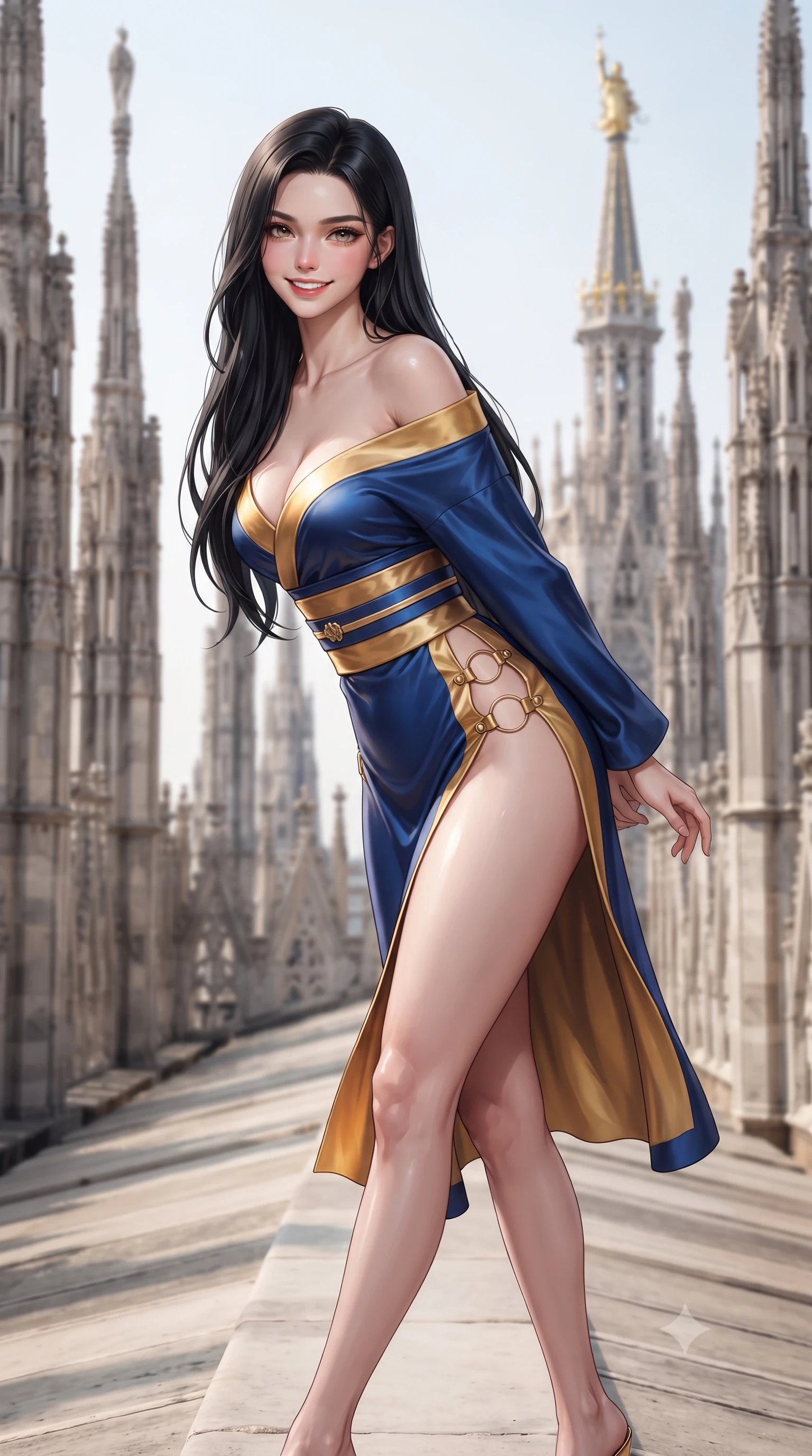 score_9, masterpiece, best quality, ultra-detailed, high-budget anime keyframe, editorial fashion photography, tasteful artistic composition, Korean woman. close-up cowboy shot from the waist and thighs up, the character dominates the composition, filling the frame with her large presence. leaning forward while arching her lower back to accentuate her curvy hips, looking into the camera with an intoxicating smoldering gaze and bedroom-eyes while walking poised along the narrow Candoglia marble catwalk between gothic spires, arching her back with statuesque supermodel grace. The background shows a soft-focus gilded Madonnina spire softened in historic cathedral rooftop sanctuary shallow focus. She has an exceptionally elegant, slender, and willowy female figure with an ultra-slim waist, flat toned midriff, narrow ribcage, and sculpted feminine hips creating an alluring, slim hourglass silhouette without bulk. sharp v-shaped jawline, high-bridge nose, intricate jewel-like sparkling eyes with depth, thick eyelashes, glossy parted lips with a natural peach sheen, bright cheerful beaming smile with an enchanting and coquettish sensual glint, exuding both youthful cute charm and seductive allure, flawlessly proportioned anatomical accuracy, strict slender model proportions, natural body alignment, perfectly sculpted long slender limbs, ultra-slim waistline, clean dynamic posture without body distortion. wearing a backless Japanese silk robe-inspired cocktail dress slipping gracefully off bare shoulders with a cinched obi belt in Burj Arabian royal sapphire blue and molten gold, made of fluid liquid jersey with seamless sculpting hold and smooth contours, finished with fine gold ring clasps securing the daring side openings along her hip line, the liquid-tight tailored fabric clinging flawlessly to her narrow waist and rounded feminine hips, emphasizing every millimeter of her sculpted slim hourglass curves without any bulky heaviness. illuminated by white marble bounce fill and razor-sharp platinum-gold rim lights defining her dewy collarbones, ultra-slim waist, and curvy hips. ultra-reflective glossy finish, specular highlights, rich textural contrasts, high-contrast stereoscopic depth, volumetric dynamic lighting, 2k, ultra detail, master piece, 9:16 ratio