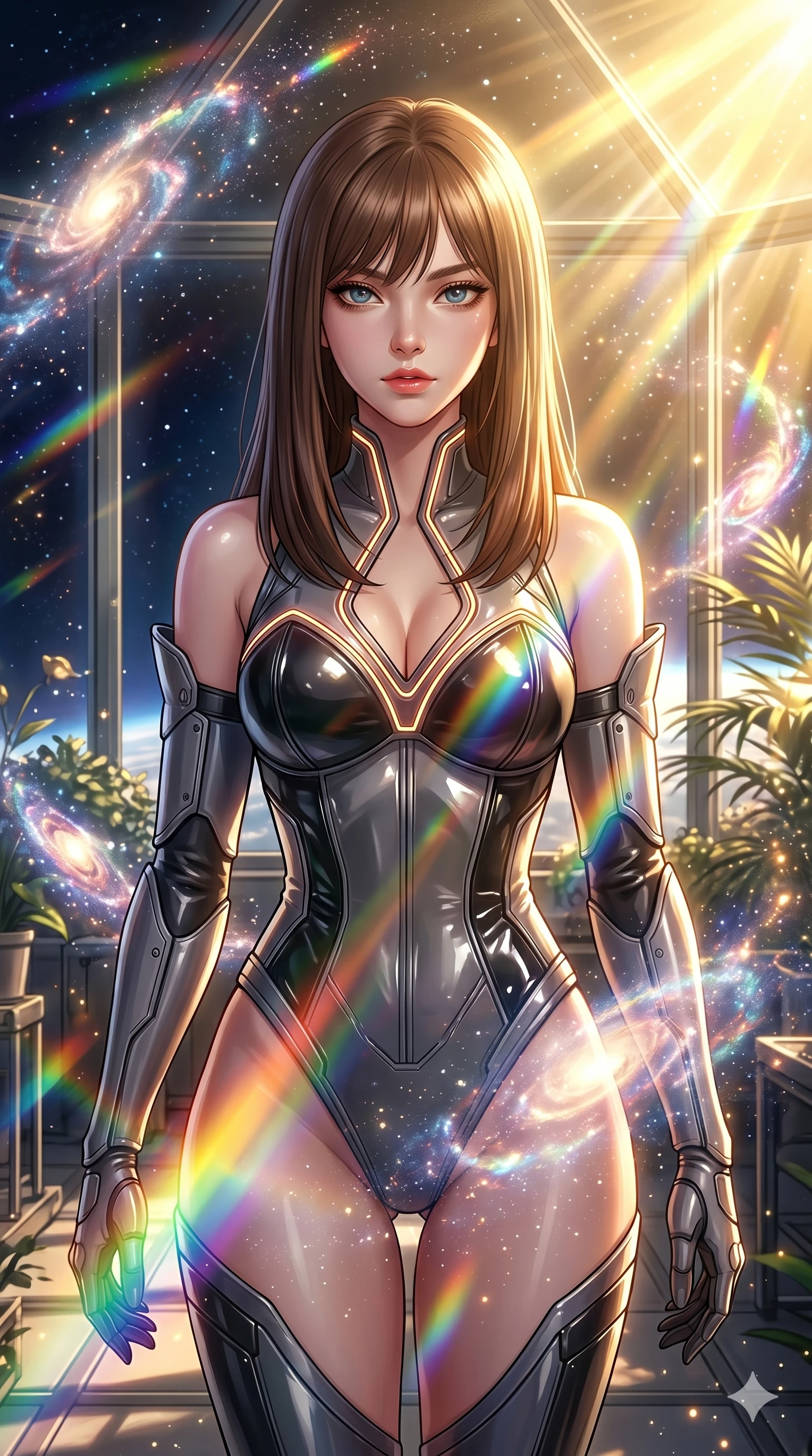 score_9, masterpiece, best quality, ultra-detailed, high-budget anime keyframe, Korean woman. Upper body close-up from the thighs up, character filling the screen for maximum presence. She is posing with dynamic energy as glowing cosmic stardust and floating nebulae swirl around her inside a sunlit orbital conservatory. She looks toward the camera with a captivating, intense gaze. She has an absolutely perfect 8-heads proportion, a tall and elegant figure with a refined silhouette and a defined waistline. V-shaped jawline, high-bridge nose, intricate jewel-like eyes with depth, thick eyelashes, glossy lips with a natural sheen. She is wearing a structured cybernetic bodice in glossy vinyl panels, paired with detached sleeves and a refined V-neckline detailed with glowing piping. The scene is bathed in brilliant, high-contrast golden solar rays and refracting rainbow lens flares. 2k, ultra detail, master piece, 9:16 ratio