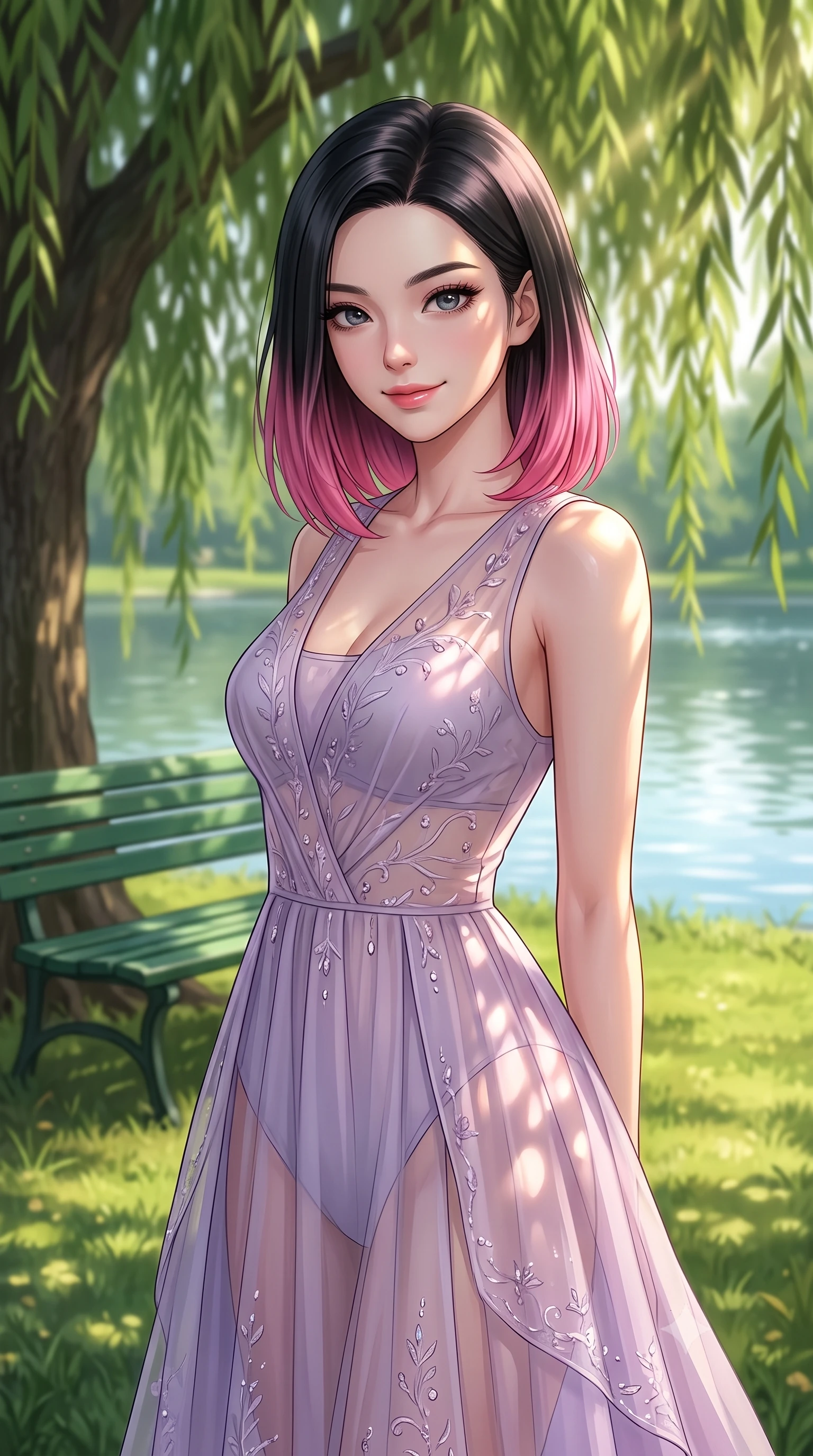 score_9, masterpiece, best quality, ultra-detailed, high-budget anime keyframe, editorial fashion photography, tasteful artistic composition, Korean woman woman. close-up cowboy shot from the waist and thighs up, the character dominates the composition, filling the frame with her large presence, background elements kept in soft focus. tilting her head slightly with a gentle, friendly smile under the warm sun the background shows a soft-focus a green park bench under a large weeping willow tree near a calm lake. She has an exceptionally elegant, slender, and willowy female figure with an ultra-slim waist, a gracefully sculpted slender torso, and a refined silhouette. sharp v-shaped jawline, high-bridge nose, intricate jewel-like eyes with depth, thick eyelashes, glossy lips with a natural sheen. wearing a slim-fit semi-transparent chiffon maxi dress in lavender, showing her silhouette through the sheer fabric. dappled sunbeams filtering through the willow leaves onto the grass. 2k, ultra detail, master piece, 9:16 ratio