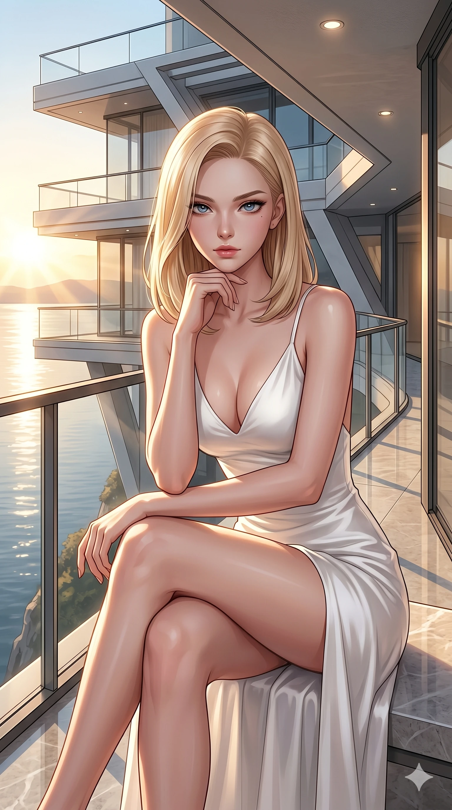 score_9, masterpiece, best quality, ultra-detailed, high-budget anime keyframe, editorial fashion photography, tasteful artistic composition, Korean woman. cowboy shot from the thighs up, character and outfit filling the frame for maximum editorial presence. resting her chin on her fingers, looking directly into the lens with a piercing, mysterious gaze on a private viewing balcony of a modern architectural home built on a cliffside over a lake (Code-P028). She has an absolutely perfect 8-heads proportion, an exceptionally tall and slender female figure with impossibly long slender legs and an ultra-slim waist. V-shaped jawline, high-bridge nose, intricate jewel-like eyes with depth, thick eyelashes, glossy lips with a natural sheen. wearing a pristine white silk slip dress with a plunging V-neckline and a high side slit to mid-thigh. drenched in brilliant afternoon sunshine, casting warm rays that trace the curves of her athletic figure. 2k, ultra detail, master piece, 9:16 ratio