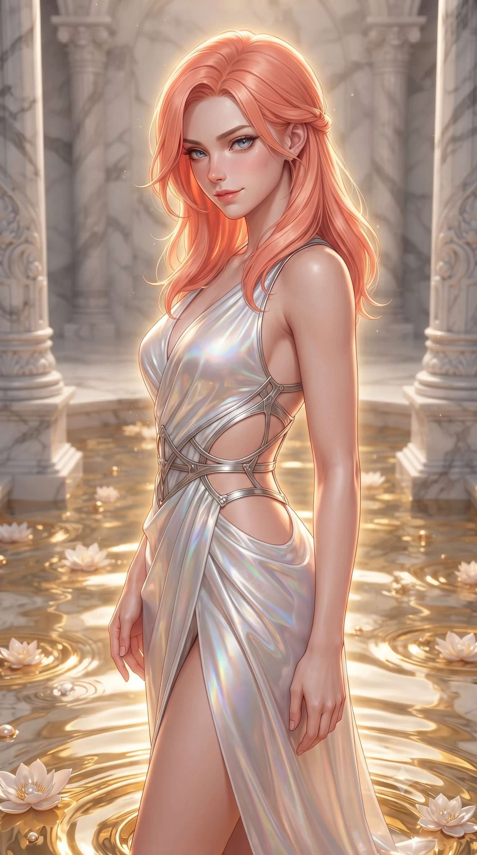 score_9, masterpiece, best quality, ultra-detailed, high-budget anime keyframe, editorial fashion photography, tasteful artistic composition, Japanese woman. close-up cowboy shot from the waist and thighs up, the character dominates the composition, filling the frame with her large presence, background elements kept in soft focus. Glancing sidelong over her shoulder with a smoldering half-smile, standing in a tranquil marble oasis filled with floating liquid gold ripples and pearl blossoms, viscous liquid gold ripples casting warm metallic specular highlights. She has an exceptionally elegant, slender, and willowy female figure with an ultra-slim waist, a gracefully sculpted slender torso, and a refined silhouette. sharp v-shaped jawline, high-bridge nose, intricate jewel-like eyes with depth, thick eyelashes, glossy lips with a natural sheen. wearing draped white silk gown featuring graceful waist cutouts and thigh slit in glowing ivory, made of iridescent hologram organza, highlighted by a platinum metallic harness structure, the fitted fabric emphasizing her ultra-slim waist. surrounded by a glowing golden aura with sharp metallic rim lights. ultra-reflective glossy finish, specular highlights, metallic sheen, high-contrast stereoscopic depth, volumetric dynamic lighting, 2k, ultra detail, master piece, 9:16 ratio