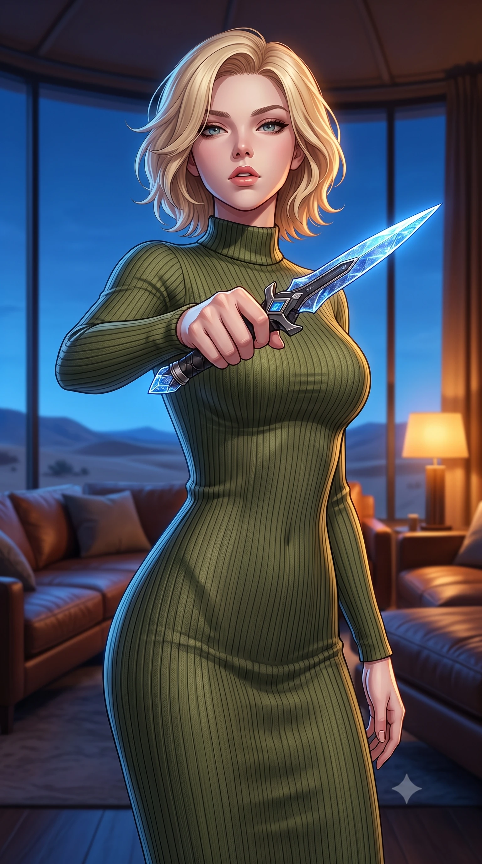 score_9, masterpiece, best quality, ultra-detailed, high-budget anime keyframe, editorial fashion photography, tasteful artistic composition, Caucasian woman. close-up cowboy shot from the waist and thighs up, the character dominates the composition, filling the frame with her large presence, background elements kept in soft focus. pointing a crystal-edged laser dagger forward in a defensive stance, tilting her chin up slightly with lips parted in a composed pose, the background shows a soft-focus a modern desert dome lounge with leather sofas and large panoramic windows. She has an exceptionally elegant, slender, and willowy female figure with an ultra-slim waist, a gracefully sculpted slender torso, and a refined silhouette. sharp v-shaped jawline, high-bridge nose, intricate jewel-like eyes with depth, thick eyelashes, glossy lips with a natural sheen. wearing a slim-fit body-hugging ribbed carbon-fiber knit bodycon midi dress in olive green, featuring a snug mock-neck. cool blue twilight sky glow contrasting with the warm amber glow of a bedside lamp. highly saturated vibrant anime colors, detailed shading with soft gradients, rich glossy textures, high-contrast stereoscopic depth, volumetric dynamic lighting, master piece, 9:16 ratio