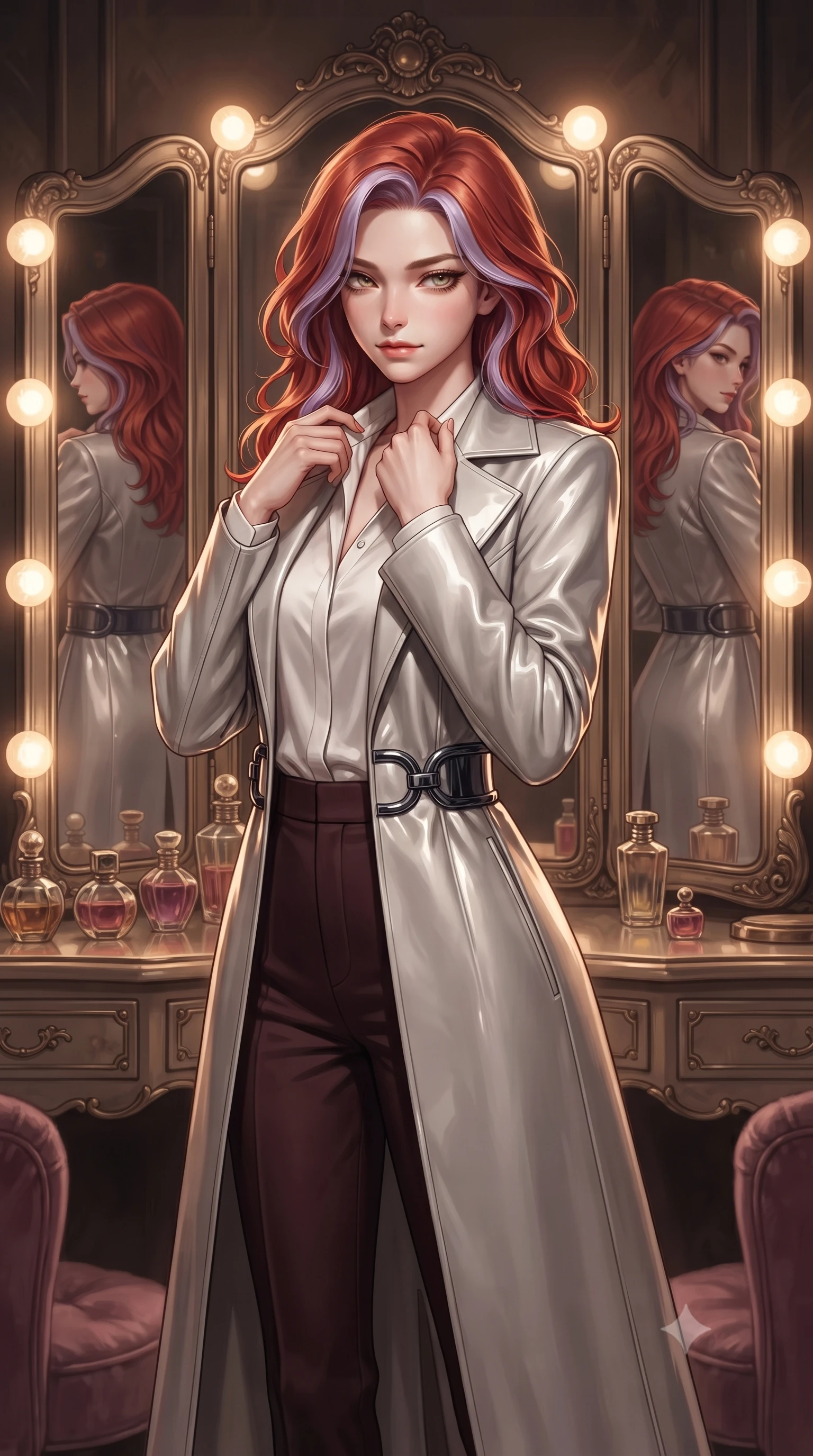 score_9, masterpiece, best quality, ultra-detailed, high-budget anime keyframe, editorial fashion photography, tasteful artistic composition, Caucasian woman. close-up cowboy shot from the waist and thighs up, the character dominates the composition, filling the frame with her large presence, background elements kept in soft focus. Glancing sidelong over her shoulder with a smoldering, enigmatic half-smile, adjusting her outfit before an antique trifold dressing mirror, trifold mirror reflecting multiple angles of her slender, statuesque silhouette. She has an exceptionally elegant, slender, and willowy female figure with an ultra-slim waist, a gracefully sculpted slender torso, and a refined silhouette. sharp v-shaped jawline, high-bridge nose, intricate jewel-like eyes with depth, thick eyelashes, glossy lips with a natural sheen. wearing structured platinum leather long coat over white silk blouse and tailored slacks in dark mahogany, made of high-gloss liquid vinyl, accented with sculpted obsidian chrome rings at the waist, following her slender form with tailored precision. illuminated by warm glowing vanity bulbs casting multi-directional rim lights. ultra-reflective glossy finish, specular highlights, metallic sheen, high-contrast stereoscopic depth, volumetric dynamic lighting, 2k, ultra detail, master piece, 9:16 ratio