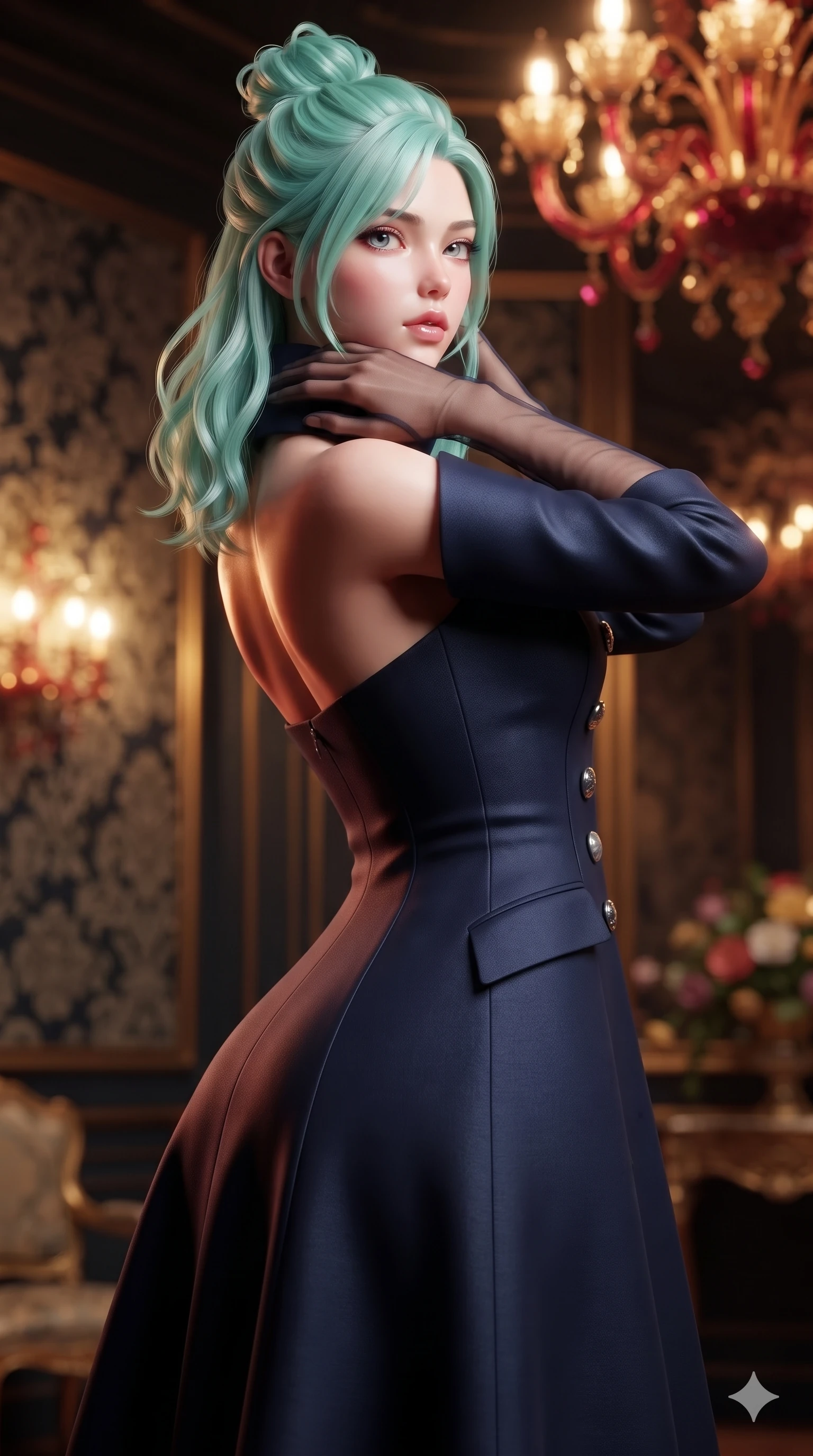score_9, masterpiece, best quality, ultra-detailed, high-budget anime keyframe, semi-realistic 3D game render, editorial fashion photography, tasteful artistic composition, Japanese woman. close-up cowboy shot from the waist and thighs up, the character dominates the composition, filling the frame with her large presence. resting both hands lightly behind her neck with elbows raised, arching her spine to highlight her narrow waist, flat midriff, and breathtaking collarbones while posing in an alluring rear three-quarter angle, looking over a bare shoulder with parted glossy lips as ruby chandelier light traces her spine. The surrounding environment is rendered in vivid detail and crisp panoramic clarity: sharp floral damask fabric weave, hand-blown Murano glass floral petals, and crisp gold-leaf leafing in deep focus. She has an exceptionally elegant, slender, and willowy female figure with an ultra-slim waist, flat toned midriff, narrow ribcage, and sculpted feminine hips creating an alluring, slim hourglass silhouette without bulk. sharp v-shaped jawline, high-bridge nose, intricate jewel-like eyes with depth, thick eyelashes, glossy parted lips with a natural sheen, intensely captivating and seductive bedroom-eyes expression, flawlessly proportioned anatomical accuracy, strict slender model proportions, natural body alignment, perfectly sculpted long slender limbs, ultra-slim waistline, clean dynamic posture without body distortion. wearing a structured high-collar Victorian opera greatcoat in midnight navy wool with polished brass crest buttons in iridescent mother-of-pearl and liquid molten silver, tailored from heavy Italian silk mikado with an architectural structured drape, complemented by sheer opera-length evening gloves tracing her slender arms, the impeccably tailored cut draping gracefully along her slender figure with aristocratic poise. illuminated by warm 2400K Murano chandelier ruby-amber glow mixed with soft gilded mirror bounce. highly saturated vibrant anime colors, detailed shading with soft gradients, rich glossy textures, high-contrast stereoscopic depth, volumetric dynamic lighting, master piece, 9:16 ratio