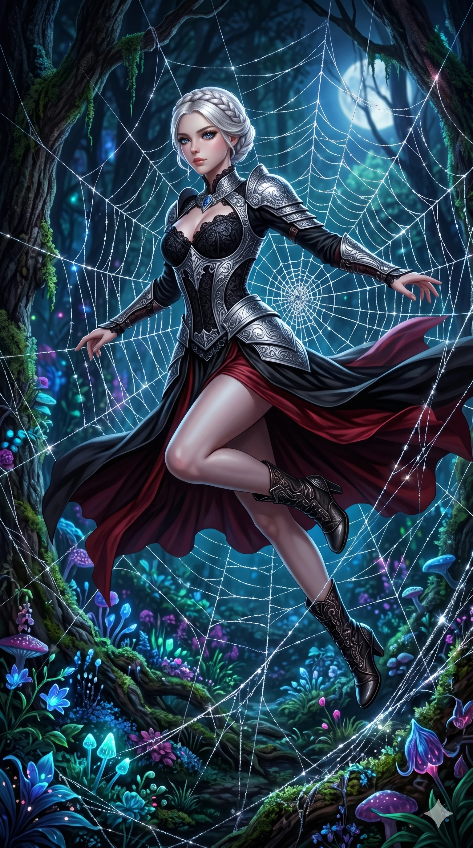 score_9, masterpiece, best quality, ultra-detailed, Set A: Photorealistic 8k CG, Japanese woman. Low angle cowboy shot filling the entire 9:16 frame with her statuesque presence. Leaping through a giant spiderweb made of silver silk in a dark enchanted forest. She has an absolutely perfect 8-heads proportion, an exceptionally tall and slender female figure with impossibly long slender legs and an ultra-slim waist. Sharp v-shaped jawline, high-bridge nose, intricate jewel-like eyes with depth, thick eyelashes, glossy lips. Wearing a Dark Fantasy outfit: gothic lace corset with silver plate armor and silk skirt. Background is a bright and colorful dark forest with glowing plants and sparkling silver webs. 2k, ultra detail, master piece, 9:16 ratio