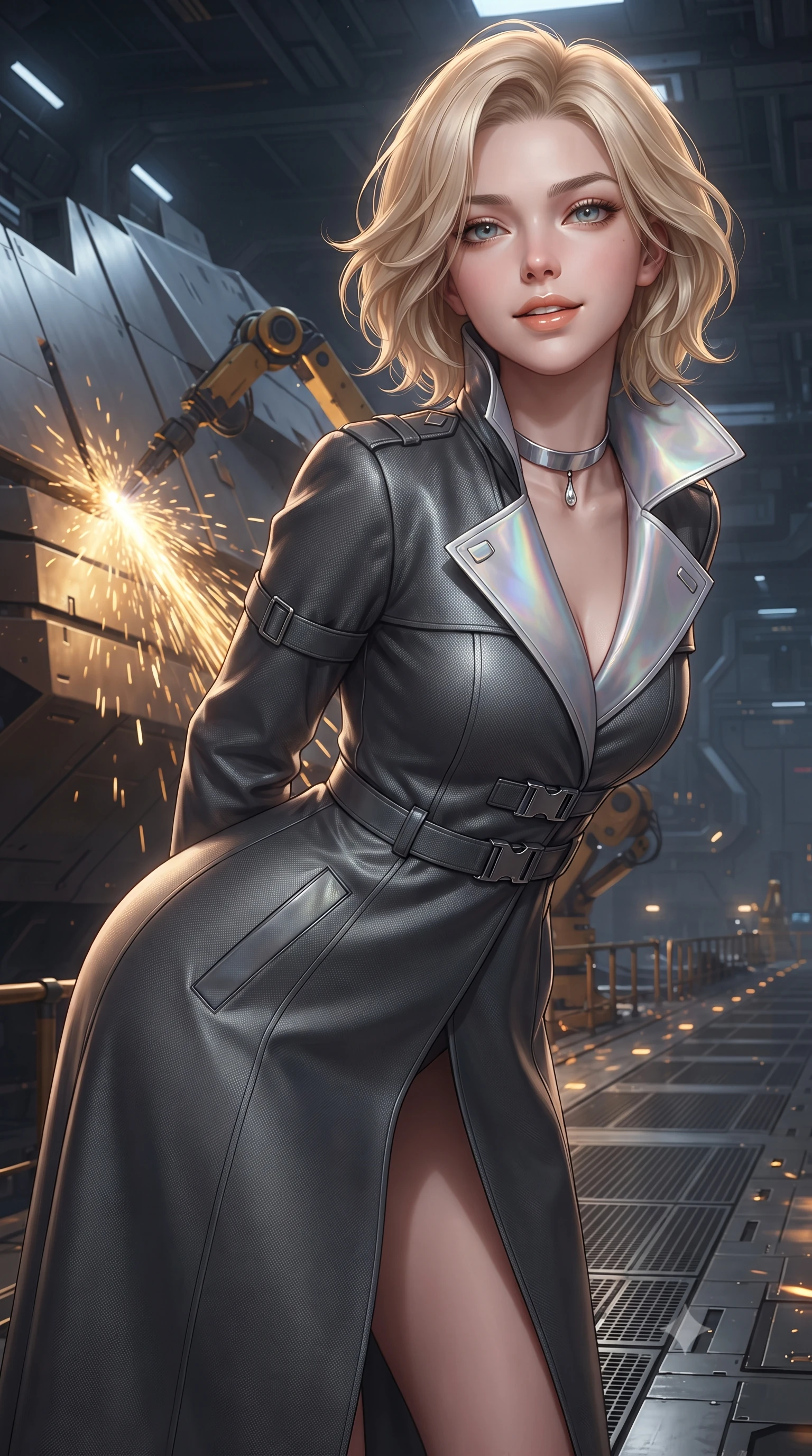 score_9, masterpiece, best quality, ultra-detailed, high-budget anime keyframe, editorial fashion photography, tasteful artistic composition, Caucasian woman. close-up cowboy shot from the waist and thighs up, the character dominates the composition, filling the frame with her large presence. leaning forward while arching her lower back to accentuate her curvy hips, looking into the camera with an intoxicating smoldering gaze and bedroom-eyes while standing poised on the magnetic catwalk in the zero-gravity starship drydock, arching her back with siren allure as robotic welding arms shower bright golden sparks over massive hull armor plates. The surrounding environment is rendered in vivid detail and crisp panoramic clarity: detailed haute-couture tactical jumpsuit texture, liquid fabric drape, and colossal starship construction engineering in razor-sharp precision. She has an exceptionally elegant, slender, and willowy female figure with an ultra-slim waist, flat toned midriff, narrow ribcage, and sculpted feminine hips creating an alluring, slim hourglass silhouette without bulk. sharp v-shaped jawline, high-bridge nose, intricate jewel-like sparkling eyes with depth, thick eyelashes, glossy parted lips with a natural peach sheen, bright cheerful beaming smile with an enchanting and coquettish sensual glint, exuding both youthful cute charm and seductive allure, flawlessly proportioned anatomical accuracy, strict slender model proportions, natural body alignment, perfectly sculpted long slender limbs, ultra-slim waistline, clean dynamic posture without body distortion. wearing a bespoke tactical commander trench coat in matte carbon-weave with magnetic utility buckles, storm flaps, and high standing collar in iridescent mother-of-pearl and liquid molten silver, tailored from high-density tech-wool with subtle metallic thread weave, finished with a minimalist chrome choker and a single teardrop diamond pendant, the impeccably tailored cut draping gracefully along her slender figure with aristocratic poise. illuminated by dark hull reflection bounce and sharp molten-gold rim lights sculpting her razor-sharp jawline, narrow waist, and curvy hips. ultra-reflective glossy finish, specular highlights, rich textural contrasts, high-contrast stereoscopic depth, volumetric dynamic lighting, 2k, ultra detail, master piece, 9:16 ratio