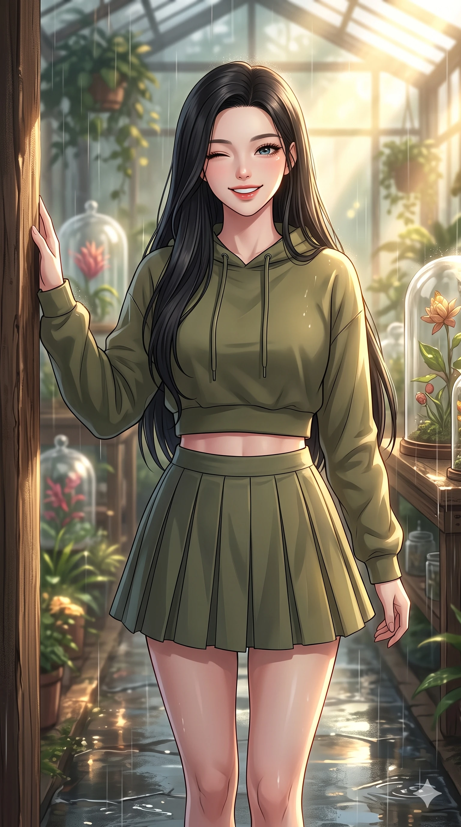 score_9, masterpiece, best quality, ultra-detailed, high-budget anime keyframe, vibrant anime aesthetic, Korean woman. close-up cowboy shot from the waist and thighs up, the character dominates the composition, filling the frame with her large presence, background elements kept in soft focus. She is walking down a rain-slicked path, winking and smiling cheerfully, gazing at the camera with sparkling eyes leaning against a rustic wooden column. the background shows a soft-focus sunny greenhouse laboratory filled with rare botanical specimens and golden volumetric sunbeams (Code-P22-116). She has an absolutely perfect proportion, an exceptionally elegant and slender female figure with an ultra-slim waist. V-shaped jawline, high-bridge nose, intricate jewel-like eyes with depth, thick eyelashes, glossy lips with a natural sheen. wearing a cropped hoodie paired with a high-waisted pleated tennis skirt in olive green. She is drenched in brilliant morning sunshine reflecting off wet glass domes, highlighting her winking face and glossy lips during the twilight rain. 2k, ultra detail, master piece, 9:16 ratio