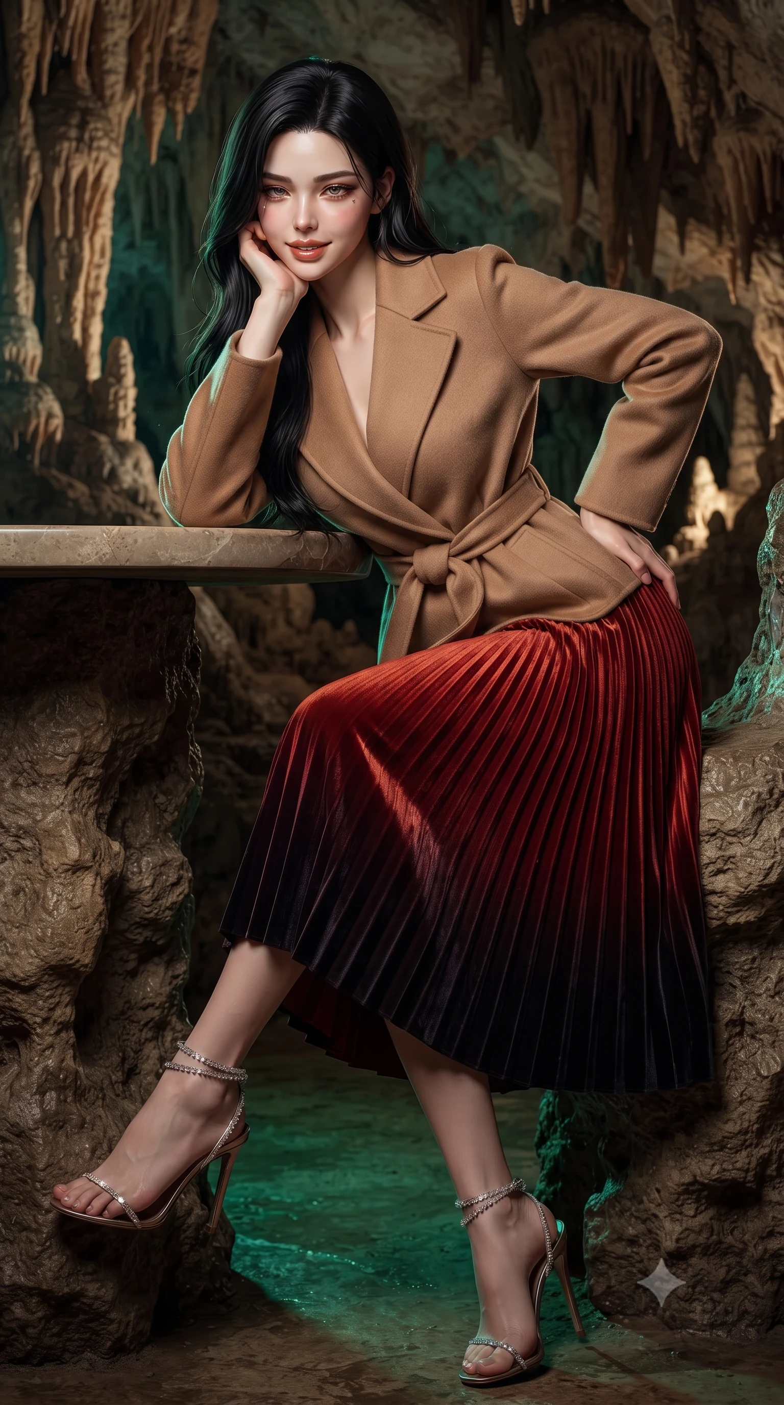 score_9, masterpiece, best quality, ultra-detailed, high-budget anime keyframe, editorial fashion photography, tasteful artistic composition, Korean woman. close-up cowboy shot from the waist and thighs up, the character dominates the composition, filling the frame with her large presence. resting one elbow on the table and supporting her chin, leaning close to the camera with heavy-lidded sparkling eyes and parted lips while leaning against the ancient limestone cavern wall with hips cocked back, looking through cathedral-like mineral stalactites with heavy-lidded bedroom-eyes. The surrounding environment is rendered in vivid detail and crisp panoramic clarity: detailed garment lines, wet cling or bodycon fit, and timeless natural cave architecture in razor-sharp precision. She has an exceptionally elegant, slender, and willowy female figure with an ultra-slim waist, flat toned midriff, narrow ribcage, and sculpted feminine hips creating an alluring, slim hourglass silhouette without bulk. sharp v-shaped jawline, high-bridge nose, intricate jewel-like sparkling eyes with depth, thick eyelashes, glossy parted lips with a natural peach sheen, bright cheerful beaming smile with an enchanting and coquettish sensual glint, exuding both youthful cute charm and seductive allure, flawlessly proportioned anatomical accuracy, strict slender model proportions, natural body alignment, perfectly sculpted long slender limbs, ultra-slim waistline, clean dynamic posture without body distortion. wearing a tailored double-faced camel cashmere wrap coat paired with an accordion pleated wool skirt in Reinefjorden rorbu vermilion red and obsidian granite, tailored from ultra-plush silk velvet with rich tactile depth and deep shadow gradients, complemented by strappy stiletto sandals with crystal ankle wraps accentuating her slender calves, the impeccably tailored cut draping gracefully along her slender figure with aristocratic poise. illuminated by emerald pool surface specular bounce and sharp gold-cyan dual rim lights sculpting her razor-sharp jawline, narrow waist, and curvy hips. ultra-reflective glossy finish, specular highlights, rich textural contrasts, high-contrast stereoscopic depth, volumetric dynamic lighting, 2k, ultra detail, master piece, 9:16 ratio