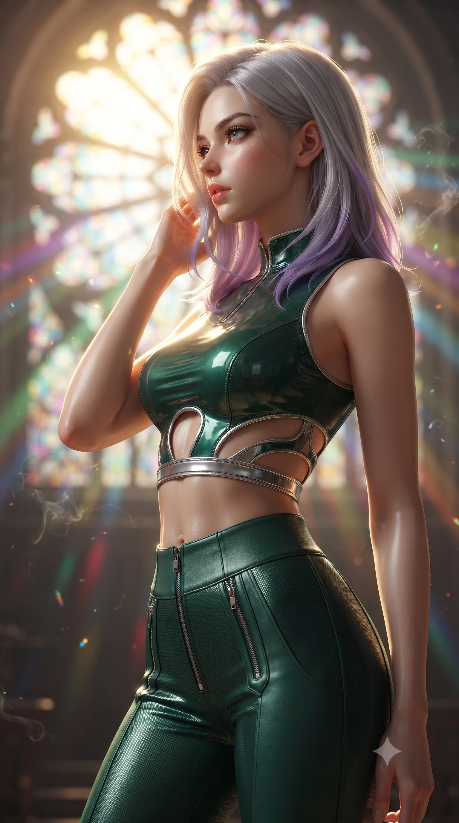 score_9, masterpiece, best quality, ultra-detailed, high-budget anime keyframe, editorial fashion photography, tasteful artistic composition, Caucasian woman. close-up cowboy shot from the waist and thighs up, the character dominates the composition, filling the frame with her large presence, background elements kept in soft focus. Turning her face in sharp dramatic profile against the bright light, showcasing her sharp v-shaped jawline standing before a monumental Art Nouveau stained glass rose window, floating glass dust and incense smoke scattering colorful light beams. She has an exceptionally elegant, slender, and willowy female figure with an ultra-slim waist, a gracefully sculpted slender torso, and a refined silhouette. sharp v-shaped jawline, high-bridge nose, intricate jewel-like eyes with depth, thick eyelashes, glossy lips with a natural sheen. wearing a glossy vinyl crop top and high-waist tailored leggings with sleek zippers in deep emerald green and silver accent, made of fine carbon-fiber weave and soft matte leather, featuring clean architectural cutouts along her slender torso, the elegant draped fit framing her graceful clavicle and slender torso. illuminated by a warm golden key light and brilliant multi-color rim light. ultra-reflective glossy finish, specular highlights, metallic sheen, high-contrast stereoscopic depth, volumetric dynamic lighting, 2k, ultra detail, master piece, 9:16 ratio