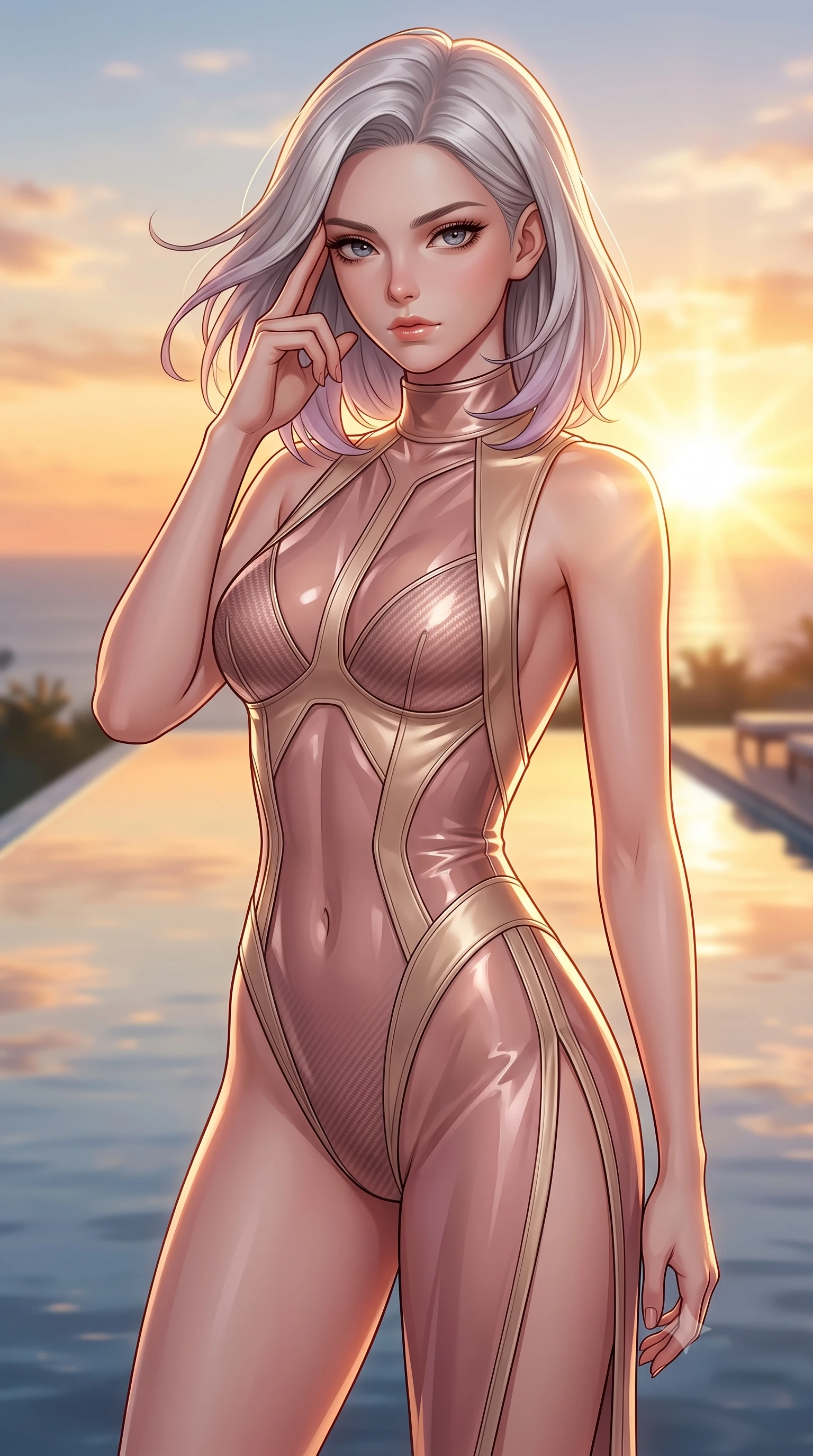 score_9, masterpiece, best quality, ultra-detailed, high-budget anime keyframe, editorial fashion photography, tasteful artistic composition, Caucasian woman. close-up cowboy shot from the waist and thighs up, the character dominates the composition, filling the frame with her large presence, background elements kept in soft focus. Pressing two fingers to her temple in a composed thoughtful gesture with an air of magnetic charisma poised beside an infinity reflecting pool mirroring a warm sunset sky, golden hour sunbursts creating a majestic rim lighting effect. She has an exceptionally elegant, slender, and willowy female figure with an ultra-slim waist, a gracefully sculpted slender torso, and a refined silhouette. sharp v-shaped jawline, high-bridge nose, intricate jewel-like eyes with depth, thick eyelashes, glossy lips with a natural sheen. wearing a high-cut translucent vinyl leotard with front paneling and open back in dusty rose and champagne gold, made of fine carbon-fiber weave and soft matte leather, finished with a sleek side slit ascending to mid-thigh, the tailored fabric tightly following every curve of her athletic build. lit by brilliant warm key light softening into smooth, elegant gradients. highly saturated vibrant anime colors, detailed shading with soft gradients, rich glossy textures, high-contrast stereoscopic depth, volumetric dynamic lighting, master piece, 9:16 ratio
