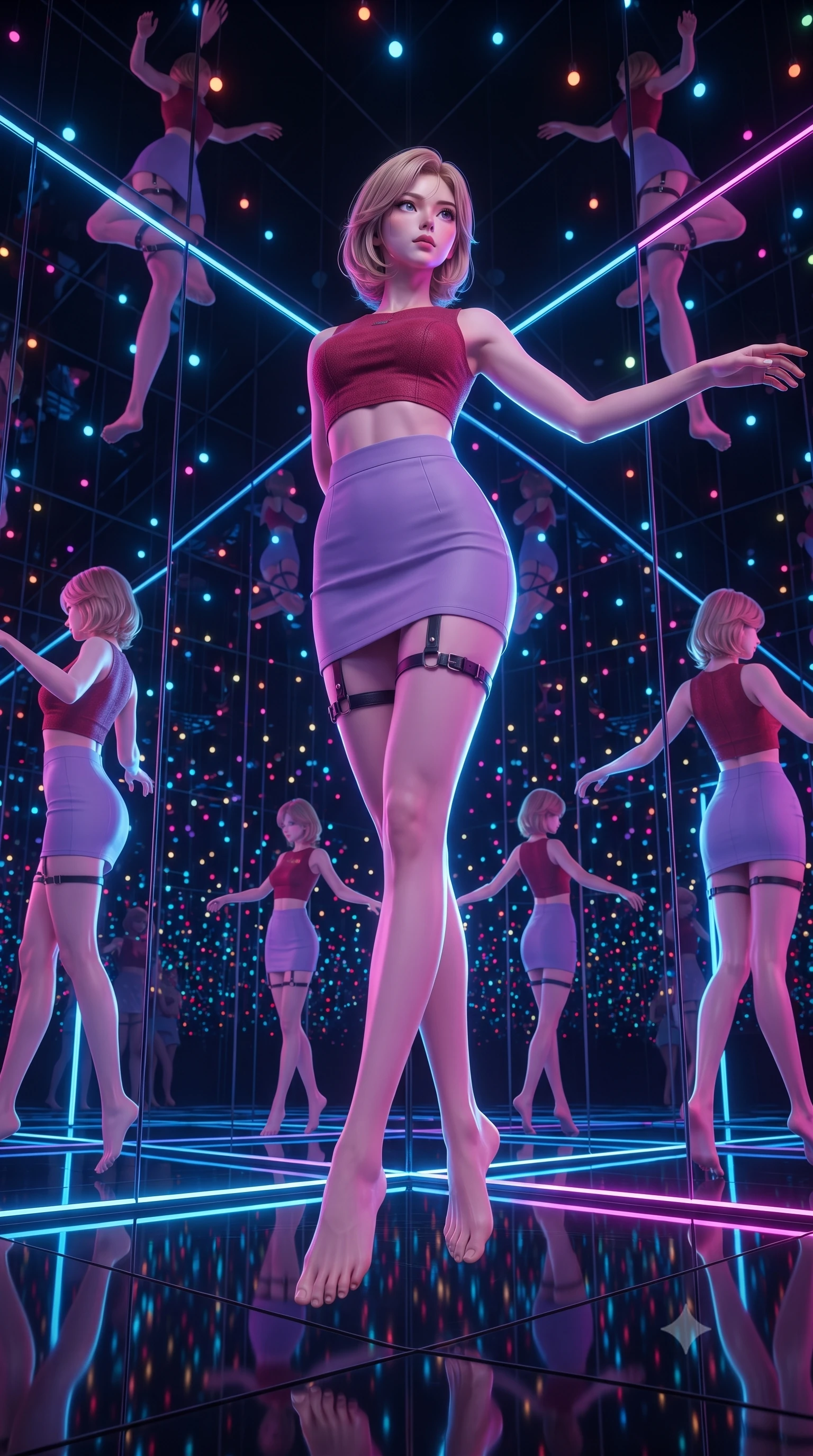score_9, masterpiece, best quality, ultra-detailed, high-budget anime keyframe, editorial fashion photography, tasteful artistic composition, Korean woman. low angle full-body shot from head to toe showing her feet, filling the entire 9:16 vertical frame with her statuesque presence, stretching her vertical silhouette. pirouetting mid-air inside inside an art installation of floor-to-ceiling mirrors on all six surfaces with thousands of LED points suspended at different depths creating the illusion of floating in an infinite field of colored stars. She has a statuesque 8.5-heads proportion, an exceptionally tall, slender and willowy model-like build with impossibly long legs and a highly sculpted ultra-slim waist. sharp v-shaped jawline, high-bridge nose, intricate jewel-like eyes with depth, thick eyelashes, glossy lips with a natural sheen. wearing a matte crimson crop top paired with matching high-waist lavender mini skirt and black leather thigh straps. brilliant cinematic volumetric lighting with intense neon rim light outlining her form. 2k, ultra detail, master piece, 9:16 ratio