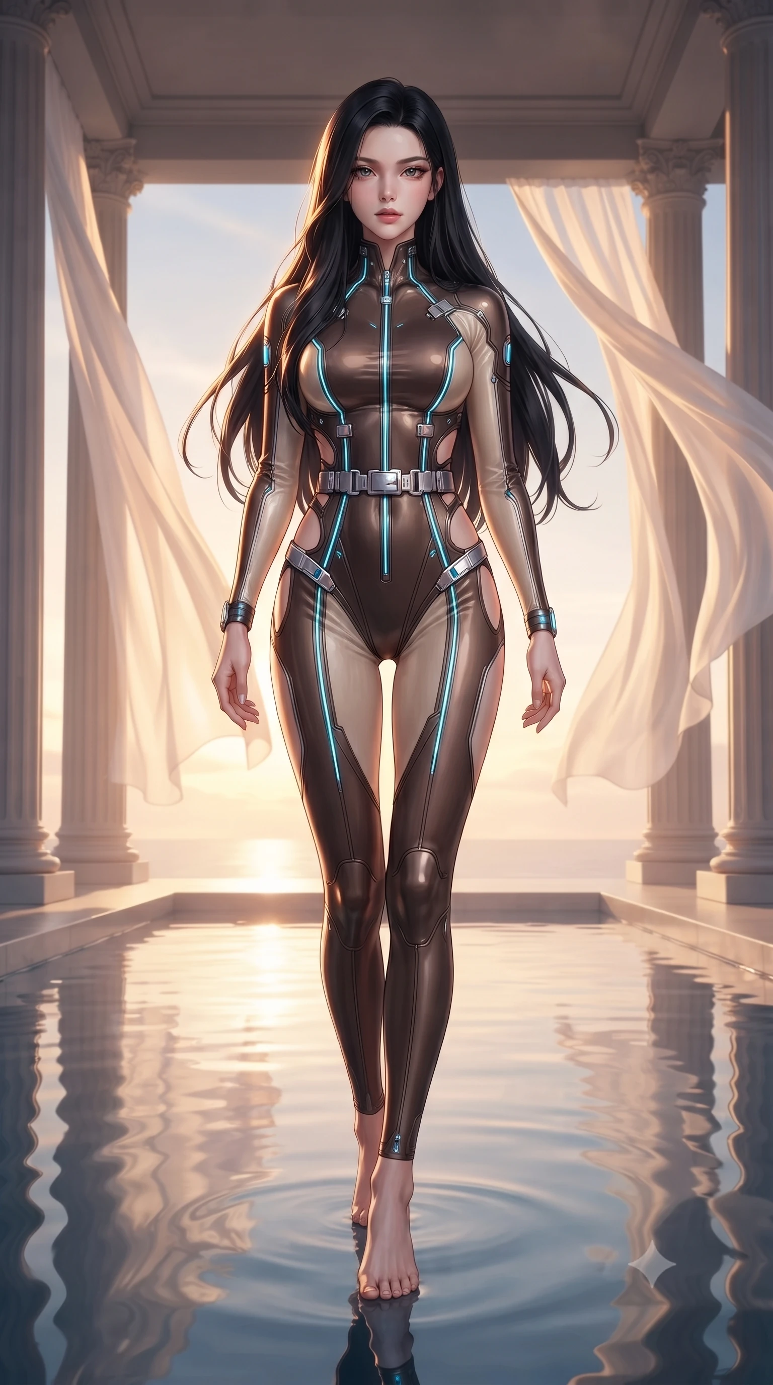 score_9, masterpiece, best quality, ultra-detailed, high-budget anime keyframe, editorial fashion photography, tasteful artistic composition, Korean woman. low angle full-body shot from head to toe showing her feet, filling the entire 9:16 vertical frame with her statuesque presence, stretching her vertical silhouette. stepping forward with proud posture, filling the vertical frame with her magnetic presence walking through an open-air colonnade with billowing silk gossamer curtains, still pool waters reflecting her slender silhouette and the open sky. She has an absolutely perfect, statuesque 8.5-heads proportion, an exceptionally tall and slender model-like female figure with impossibly long slender legs and an ultra-slim waist. sharp v-shaped jawline, high-bridge nose, intricate jewel-like eyes with depth, thick eyelashes, glossy lips with a natural sheen. wearing a skin-tight cybernetic bodysuit with glowing neon seams and side cutouts in espresso brown and warm cream, woven from fine semi-opaque sheer organza, detailed with polished silver buckles along the waistline, the sleek second-skin texture accentuating her magnetic presence. illuminated by soft glowing sunset radiance with dramatic golden rim highlights. ultra-reflective glossy finish, specular highlights, metallic sheen, high-contrast stereoscopic depth, volumetric dynamic lighting, 2k, ultra detail, master piece, 9:16 ratio
