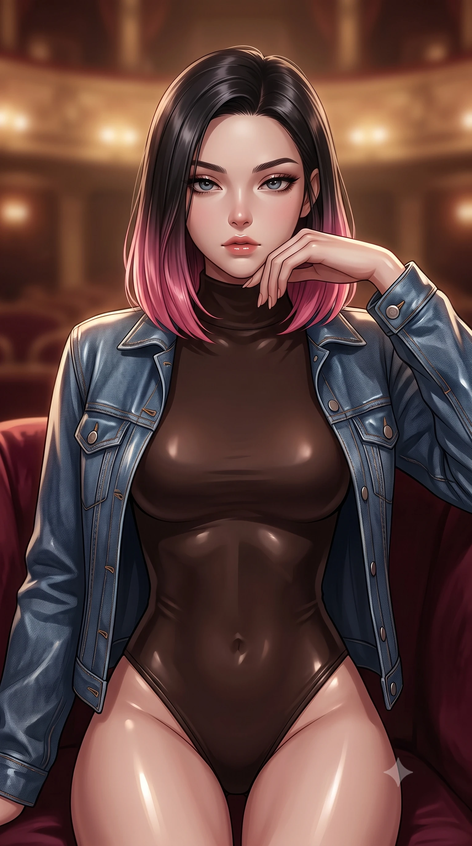 score_9, masterpiece, best quality, ultra-detailed, high-budget anime keyframe, editorial fashion photography, tasteful artistic composition, Korean woman. close-up cowboy shot from the waist and thighs up, the character dominates the composition, filling the frame with her large presence, background elements kept in soft focus. resting her chin on the backs of her fingers, casting a heavy-lidded, sultry look past the camera the background shows a soft-focus a velvet-lined lounge corner inside a historic opera house theater foyer. She has an exceptionally elegant, slender, and willowy female figure with an ultra-slim waist, a gracefully sculpted slender torso, and a refined silhouette. sharp v-shaped jawline, high-bridge nose, intricate jewel-like eyes with depth, thick eyelashes, glossy lips with a natural sheen. wearing a form-contouring form-contouring high-neck bodysuit in dark brown, worn under a tailored open denim jacket. low-contrast warm ambient glow creating a calm and mysterious mood. ultra-reflective glossy finish, specular highlights, metallic sheen, high-contrast stereoscopic depth, volumetric dynamic lighting, 2k, ultra detail, master piece, 9:16 ratio