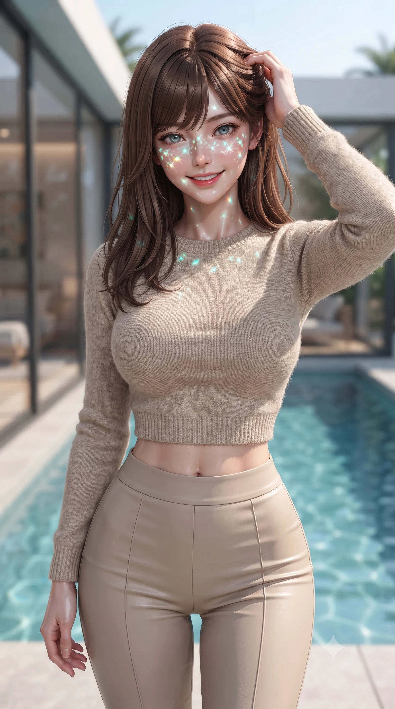 score_9, masterpiece, best quality, ultra-detailed, high-budget anime keyframe, editorial fashion photography, tasteful artistic composition, Korean woman woman. close-up cowboy shot from the waist and thighs up, the character dominates the composition, filling the frame with her large presence, background elements kept in soft focus. smiling with quiet, magnetic self-assurance directly into the camera, running a hand through her hair the background shows a soft-focus a luxury villa bedroom with glass walls looking directly into a quiet private swimming pool. She has an exceptionally elegant, slender, and willowy female figure with an ultra-slim waist, a gracefully sculpted slender torso, and a refined silhouette. sharp v-shaped jawline, high-bridge nose, intricate jewel-like eyes with depth, thick eyelashes, glossy lips with a natural sheen. wearing a body-hugging tight-fitting crop sweater in oatmeal wool, paired with high-waisted form-fitting pants. shifting aqua light reflections from the pool water mapping across her features. ultra-reflective glossy finish, specular highlights, metallic sheen, high-contrast stereoscopic depth, volumetric dynamic lighting, 2k, ultra detail, master piece, 9:16 ratio