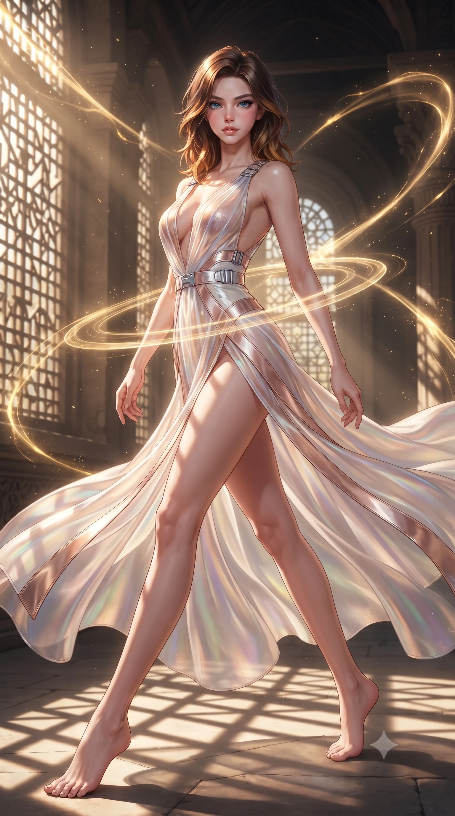 score_9, masterpiece, best quality, ultra-detailed, high-budget anime keyframe, editorial fashion photography, tasteful artistic composition, Korean woman. low angle full-body shot from head to toe showing her feet, filling the entire 9:16 vertical frame with her statuesque presence, stretching her vertical silhouette. forging dynamically through the scene with her long slender legs and ultra-slim waist creating a sweeping S-curve while forging dynamically through an architectural sun temple as golden energy arcs erupt nearby, translucent golden energy rings orbiting around her slender waist in mid-air. She has an absolutely perfect, statuesque 8.5-heads proportion, an exceptionally tall and slender model-like female figure with impossibly long slender legs and an ultra-slim waist. sharp v-shaped jawline, high-bridge nose, intricate jewel-like eyes with depth, thick eyelashes, glossy lips with a natural sheen, flawlessly proportioned anatomical accuracy, natural body alignment, perfectly sculpted elegant limbs, clean dynamic posture without body distortion. wearing a translucent iridescent chiffon gown with a plunging neckline and open back in pearl white and rose gold, tailored from high-gloss patent leather, detailed with polished silver buckles along the waistline, the elegant draped fit framing her graceful clavicle and slender torso. illuminated by a majestic golden key light casting sharp dynamic shadow grids. ultra-reflective glossy finish, specular highlights, metallic sheen, high-contrast stereoscopic depth, volumetric dynamic lighting, 2k, ultra detail, master piece, 9:16 ratio