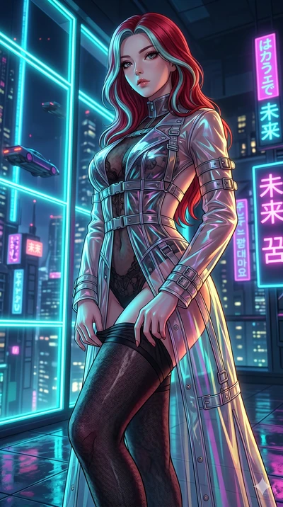 score_9, masterpiece, best quality, ultra-detailed, High-budget Anime Keyframe, East Asian woman. Low angle cowboy shot filling the entire 9:16 frame with her statuesque presence. Scenario 267: Adjusting her thigh-high stocking by a glowing neon wind