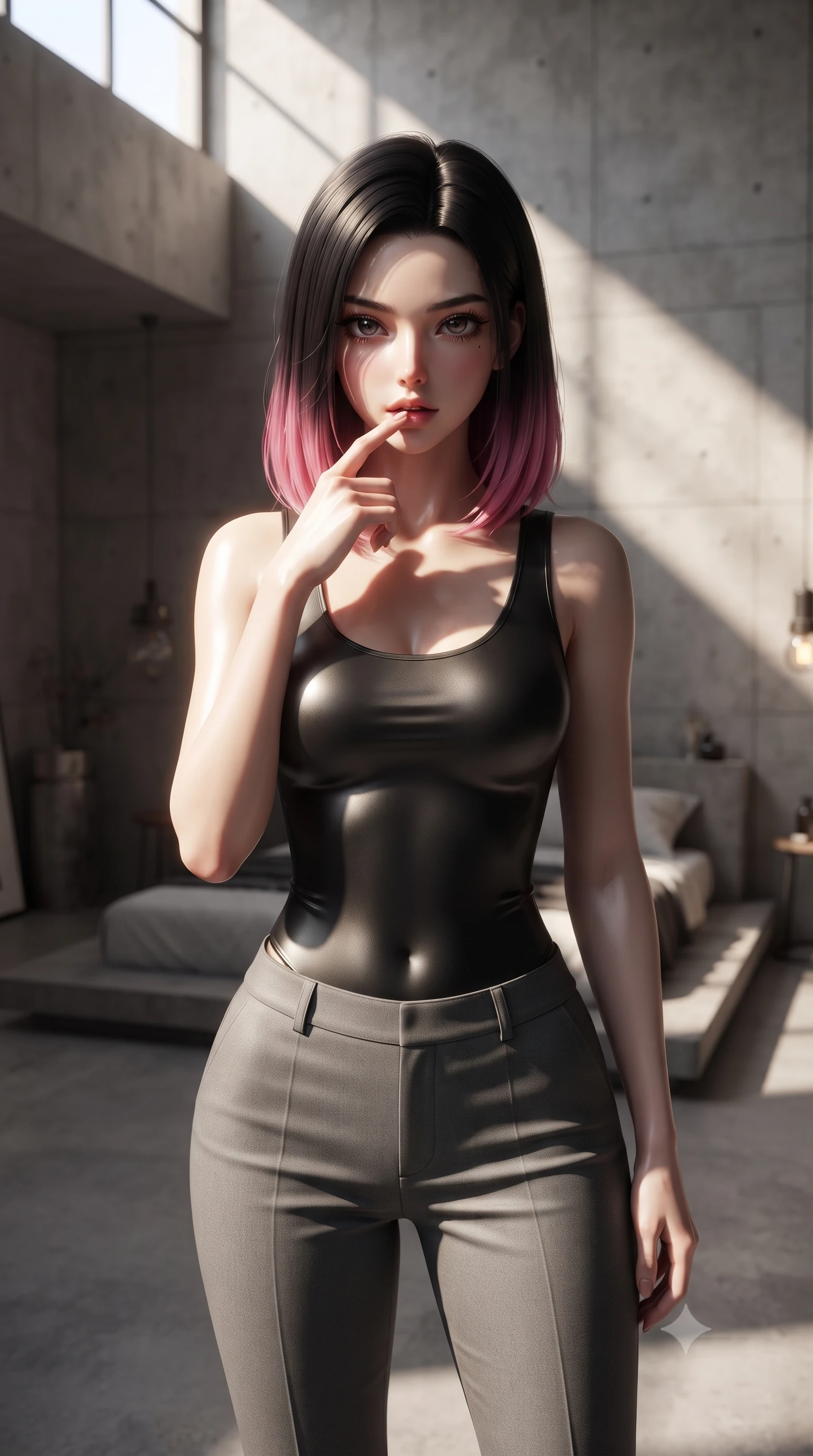 score_9, masterpiece, best quality, ultra-detailed, high-budget anime keyframe, editorial fashion photography, tasteful artistic composition, Korean woman woman. close-up cowboy shot from the waist and thighs up, the character dominates the composition, filling the frame with her large presence, background elements kept in soft focus. pressing one finger to her bottom lip in a thoughtful, seductive gesture under the warm sun the background shows a soft-focus a spacious minimalist bedroom with raw concrete walls and a low platform bed. She has an exceptionally elegant, slender, and willowy female figure with an ultra-slim waist, a gracefully sculpted slender torso, and a refined silhouette. sharp v-shaped jawline, high-bridge nose, intricate jewel-like eyes with depth, thick eyelashes, glossy lips with a natural sheen. wearing a tailored form-fitting scoop-neck tank bodysuit in black, paired with tailored grey pants. stark afternoon sunbeams slicing through a high window, creating high-contrast Chiaroscuro shadows. ultra-reflective glossy finish, specular highlights, metallic sheen, high-contrast stereoscopic depth, volumetric dynamic lighting, 2k, ultra detail, master piece, 9:16 ratio