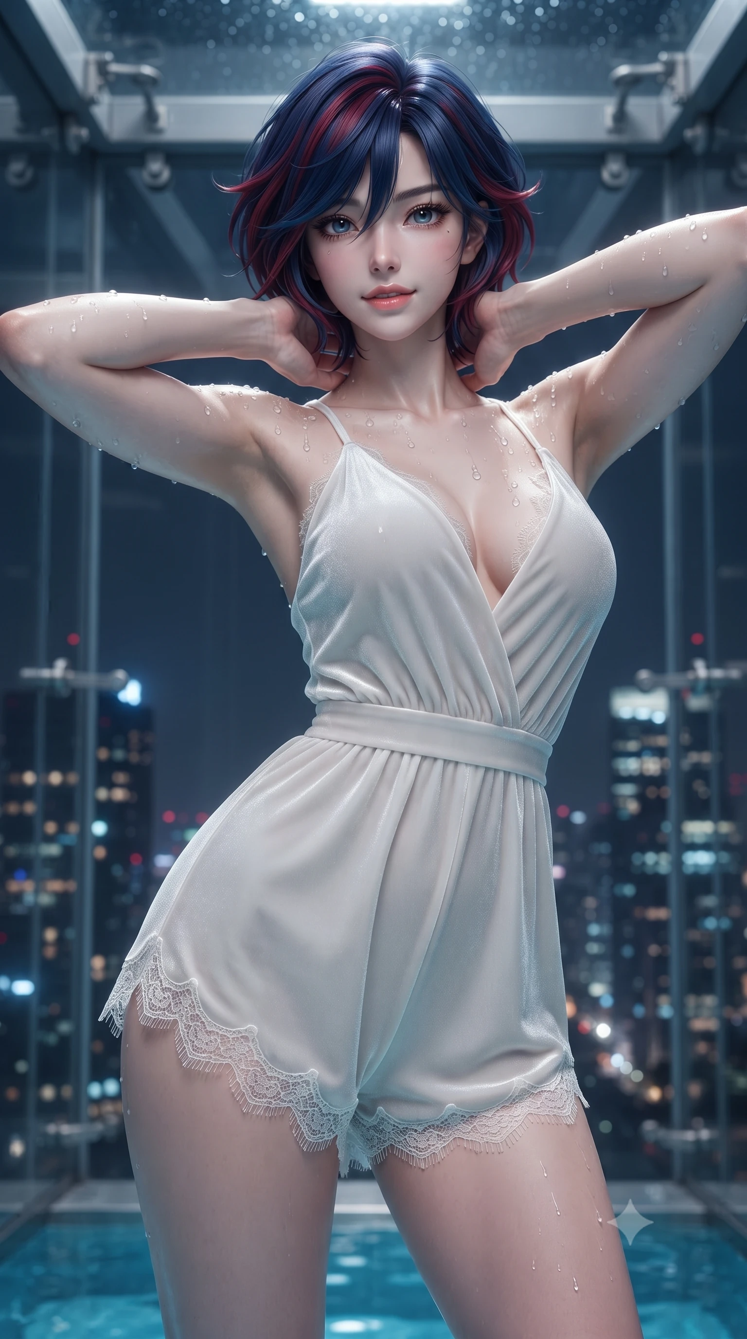 score_9, masterpiece, best quality, ultra-detailed, high-budget anime keyframe, editorial fashion photography, tasteful artistic composition, Korean woman. close-up cowboy shot from the waist and thighs up, the character dominates the composition, filling the frame with her large presence. resting both hands lightly behind her neck with elbows raised, arching her spine to highlight her narrow waist, flat midriff, and breathtaking collarbones while twisting her slender torso in an alluring S-curve, city skyscraper lights miles below illuminating her sculpted flat midriff and curvy hips. The background shows a soft-focus acrylic swimming cube structural brackets softened in dizzying architectural shallow focus. She has an exceptionally elegant, slender, and willowy female figure with an ultra-slim waist, flat toned midriff, narrow ribcage, and sculpted feminine hips creating an alluring, slim hourglass silhouette without bulk. sharp v-shaped jawline, high-bridge nose, sparkling eyes with hypnotic seductive depth, thick curled eyelashes, glossy parted lips with a natural dewy peach sheen, alluring bedroom-eyes with an enchanting coquettish smile, exuding magnetic siren charisma and sophisticated glamour, flawlessly proportioned anatomical accuracy, strict slender model proportions, natural body alignment, perfectly sculpted long slender limbs, ultra-slim waistline, clean dynamic posture without body distortion. wearing a plunge-neck stretch velvet romper with scalloped eyelash-lace hems and a cinched waist ribbon in pure pearl alabaster with platinum sheen, tailored from ultra-plush velvet with rich tactile depth and deep shadow gradients, finished with glistening drops of pool water beading across her sculpted shoulders and collarbones, the second-skin tailored fabric adhering flawlessly to her sculpted flat midriff and slender torso, emphasizing her long leg lines and perfectly proportioned willowy build. bathed in crisp underwater pool lighting paired with upward metropolitan light pollution fill. ultra-reflective glossy finish, specular highlights, rich textural contrasts, high-contrast stereoscopic depth, volumetric dynamic lighting, 2k, ultra detail, master piece, 9:16 ratio