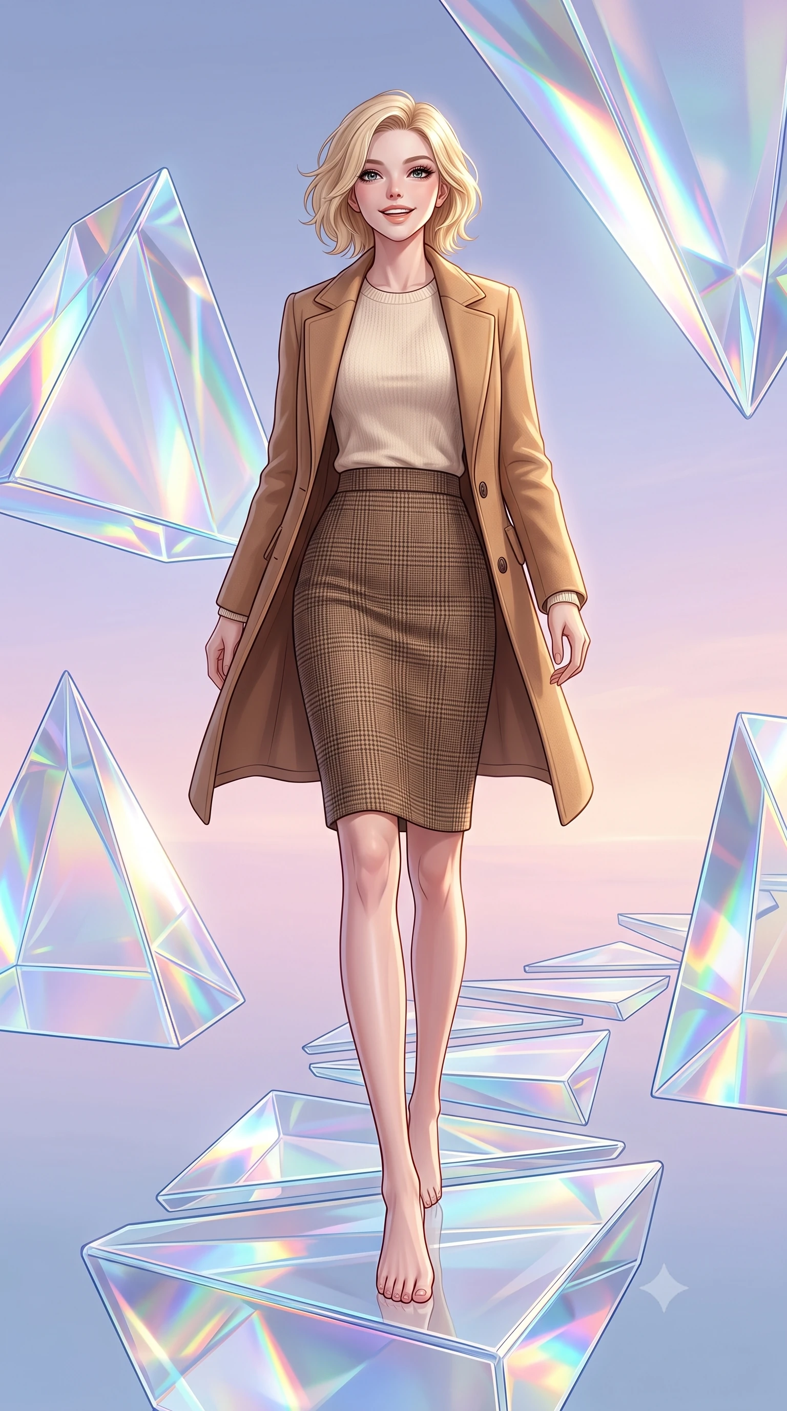 score_9, masterpiece, best quality, ultra-detailed, high-budget anime keyframe, editorial fashion photography, tasteful artistic composition, Caucasian woman, strictly human ears. low angle full-body shot from head to toe showing her feet, filling the entire 9:16 vertical frame with her statuesque presence, stretching her vertical silhouette. threading her way with a cheerful, optimistic expression through on a pathway made of solid triangular glass prisms floating in a pastel sky, bending all light that passes through it. She has a statuesque 8.5-heads proportion, an exceptionally tall, slender and willowy model-like build with impossibly long legs and a highly sculpted ultra-slim waist. sharp v-shaped jawline, high-bridge nose, intricate jewel-like eyes with depth, thick eyelashes, glossy lips with a natural sheen. wearing a tailored camel hair coat over a soft cream knit top and a brown check wool pencil skirt. soft glowing ambient light with sharp side key light tracing the sleek contours of her figure. 2k, ultra detail, master piece, 9:16 ratio