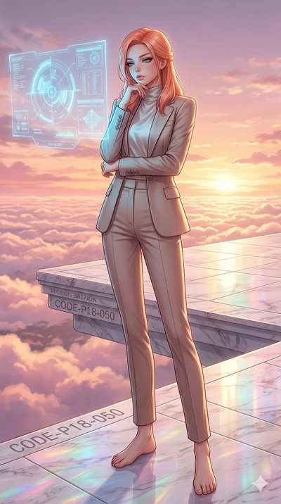 score_9, masterpiece, best quality, ultra-detailed, high-budget anime keyframe, editorial fashion photography, tasteful artistic composition, Japanese woman. low angle full-body shot from head to toe showing her feet, filling the entire 9:16 vertical