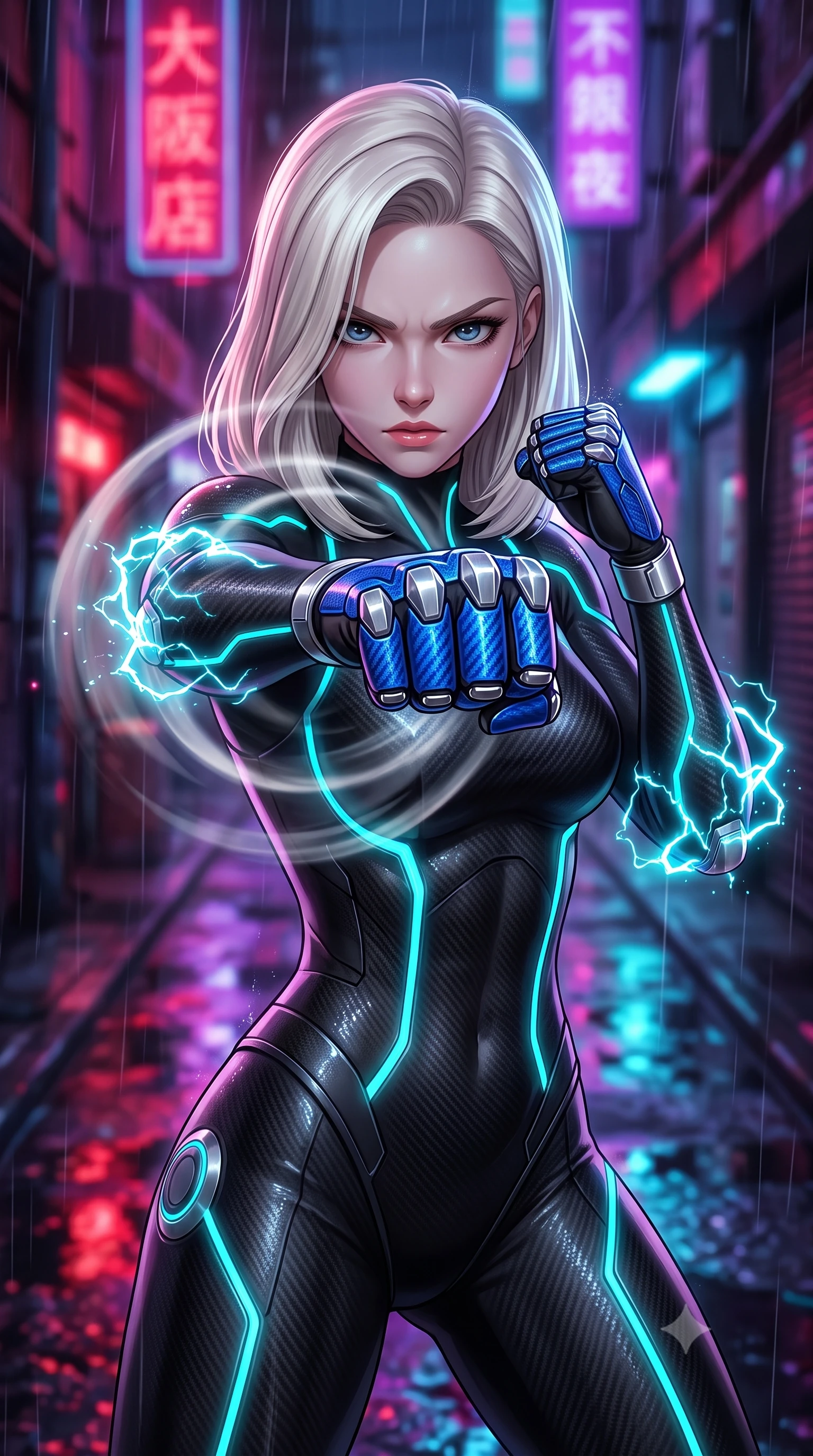 score_9, masterpiece, best quality, ultra-detailed, high-budget anime keyframe, semi-realistic 3D game render, editorial fashion photography, tasteful artistic composition, Caucasian woman. close-up cowboy shot from the waist and thighs up, the character dominates the composition, filling the frame with her large presence. thrusting a high-speed kinetic punch toward the camera, a visible conical shockwave distortion wrapping around her sleek carbon forearm while assuming a defensive Panzer Kunst combat stance in a narrow rain-soaked cyberpunk alley as cyan electromagnetic arcs crackle on her elbows. The composition keeps background elements in soft focus with creamy bokeh. flickering neon sign kanji and rain puddles blurred into dazzling crimson, violet, and electric cyan bokeh. She has an exceptionally elegant, slender, and willowy female figure with an ultra-slim waist, a gracefully sculpted slender torso, toned flat midriff, and a refined slim silhouette. sharp v-shaped jawline, high-bridge nose, intricate jewel-like eyes with depth, thick eyelashes, glossy lips with a natural sheen, flawlessly proportioned anatomical accuracy, strict slender model proportions, natural body alignment, perfectly sculpted long slender limbs, ultra-slim waistline, clean dynamic posture without body distortion. wearing a high-mobility matte-black carbon-fiber combat bodysuit with glowing neon cyan kinetic conduits and Damascus-textured knuckle guards in electric cobalt blue carbon with polished platinum trim, made of liquid carbon-jersey fabric adhering flawlessly to her sculpted silhouette, detailed with magnetic knuckle shock-absorbers and polished chrome articulation joints, the sleek second-skin cut tightly hugging her graceful clavicle, narrow waist, and feminine curves with athletic precision. illuminated by wet reflective highlights tracing her sculpted flat midriff, waist, and long legs. rich saturated anime colors with glowing neon highlights, detailed shading with soft gradients, rich glossy textures, high-contrast stereoscopic depth, volumetric dynamic lighting, master piece, 9:16 ratio