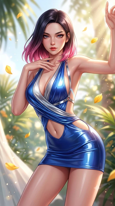 score_9, masterpiece, best quality, ultra-detailed, high-budget anime keyframe, semi-realistic 3D game render, editorial fashion photography, tasteful artistic composition, Korean woman. close-up cowboy shot from the waist and thighs up, the characte