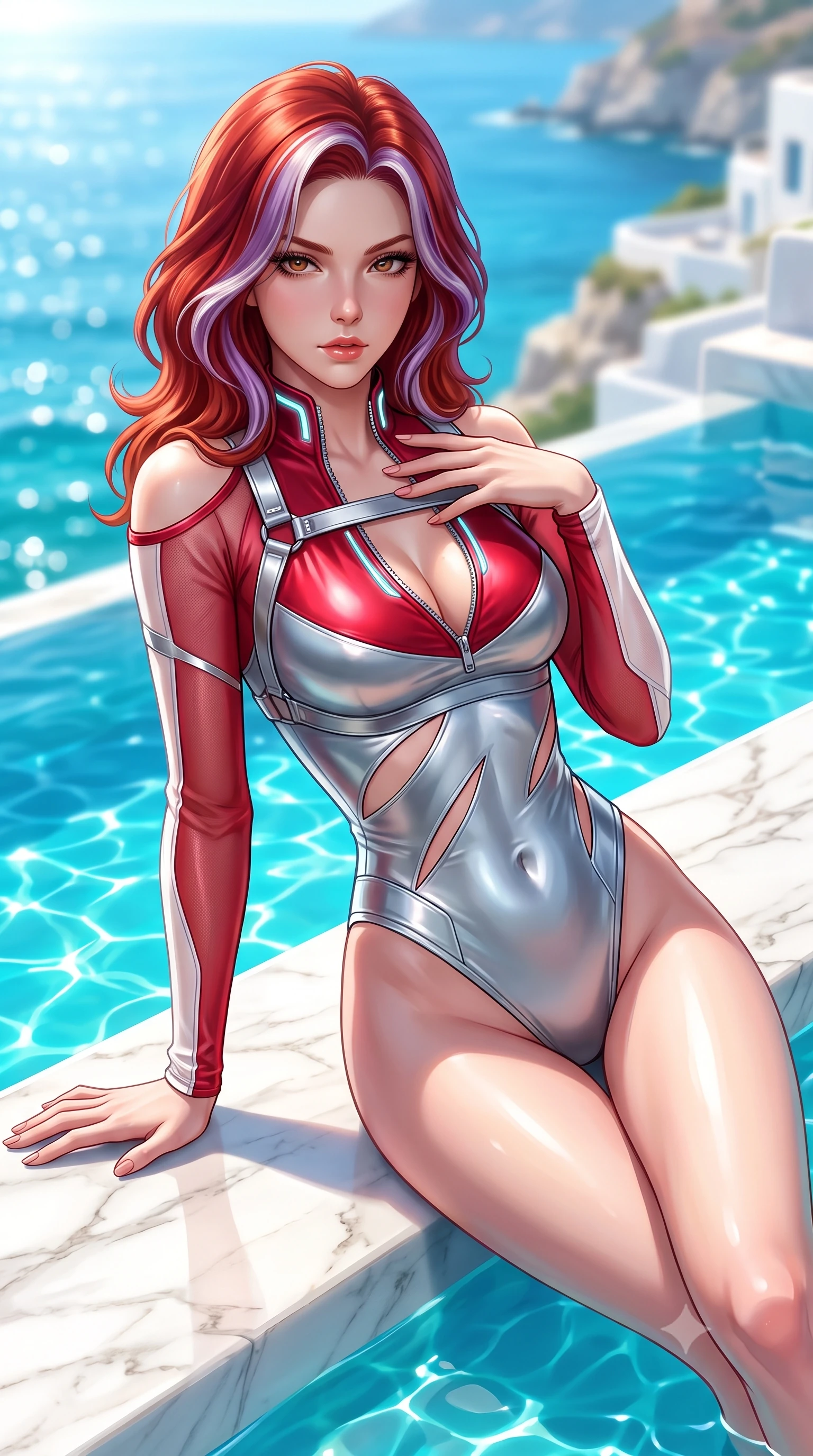 score_9, masterpiece, best quality, ultra-detailed, high-budget anime keyframe, semi-realistic 3D game render, editorial fashion photography, tasteful artistic composition, Caucasian woman. close-up cowboy shot from the waist and thighs up, the character dominates the composition, filling the frame with her large presence. leaning forward with a dangerous, enticing smolder, resting one hand near her collarbone while casting a fiery, magnetic direct gaze while reclining gracefully on a sun-bleached white marble ledge of an infinity pool overlooking the vibrant azure Aegean Sea. The composition keeps background elements in soft focus with creamy bokeh. sparkling turquoise sea waves and white cliffside architecture blurred into creamy, sun-drenched azure bokeh. She has an exceptionally elegant, slender, and willowy female figure with an ultra-slim waist, a gracefully sculpted slender torso, toned flat midriff, and a refined slim silhouette. sharp v-shaped jawline, high-bridge nose, intricate jewel-like eyes with depth, thick eyelashes, glossy lips with a natural sheen, flawlessly proportioned anatomical accuracy, strict slender model proportions, natural body alignment, perfectly sculpted long slender limbs, ultra-slim waistline, clean dynamic posture without body distortion. wearing an ultra-sleek high-cut tech-bodysuit featuring dangerous diagonal slitted cutouts on the midriff and shoulders, reinforced by a metallic silver harness and sheer mesh sleeves in radiant crimson silk and crisp snow white, made of liquid metal jersey that clings flawlessly to every contour of her build, featuring a dangerously unzipped neckline framed by glowing cybernetic accents, the liquid-tight tailored fabric emphasizing every curve of her tall, slender model proportions and sculptured silhouette during dynamic movement. bathed in brilliant Mediterranean sunlight and glittering turquoise pool water caustics. highly saturated vibrant anime colors, detailed shading with soft gradients, rich glossy textures, high-contrast stereoscopic depth, volumetric dynamic lighting, master piece, 9:16 ratio